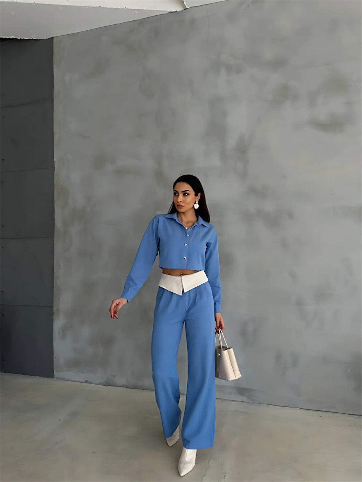 TUA MODA KETEN GÖMLEK-CROP-SALAŞ PANTOLON TAKIM - Mavi