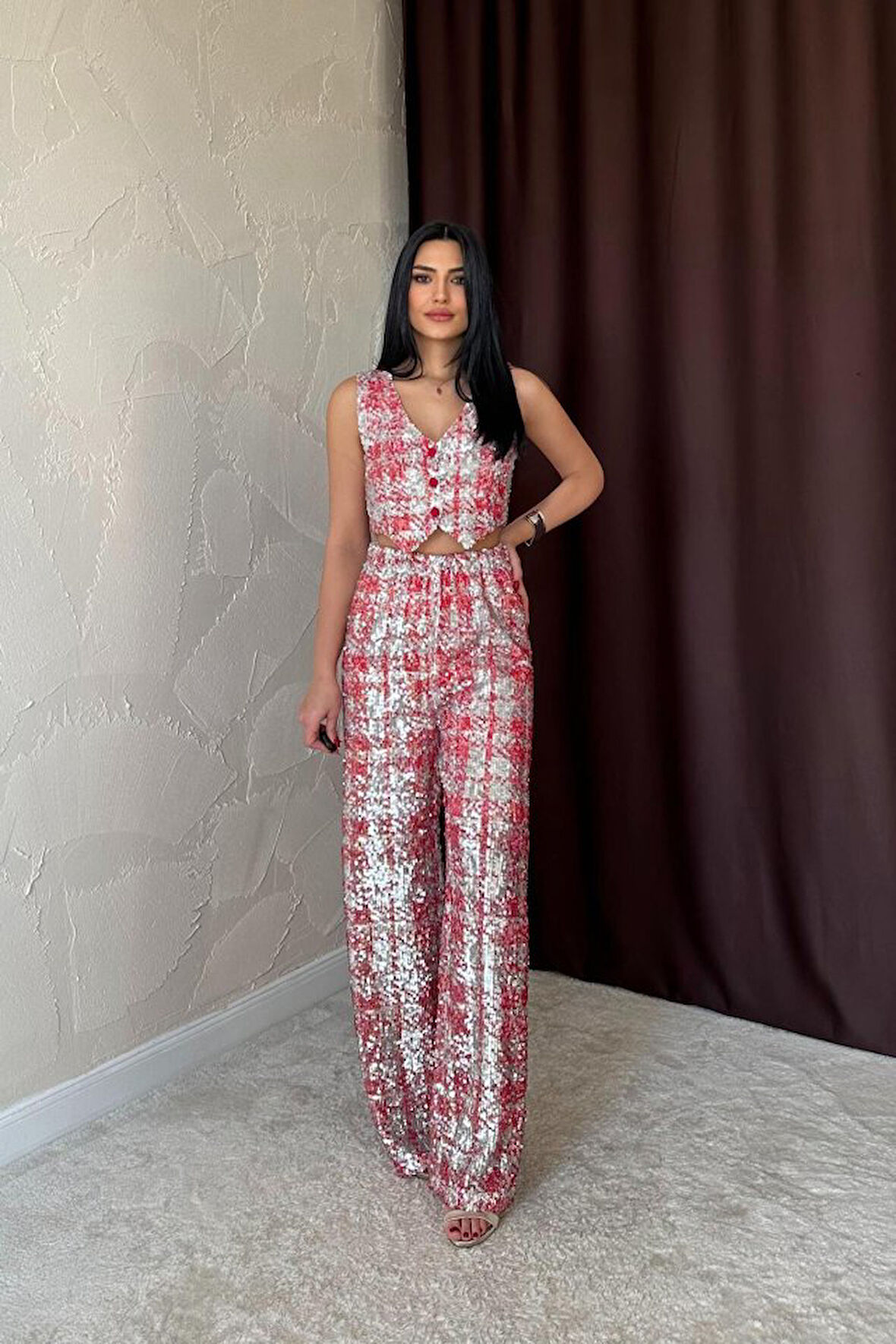 TUA MODA Kırmızı Pullu Yelek Ve Pantolon Takım