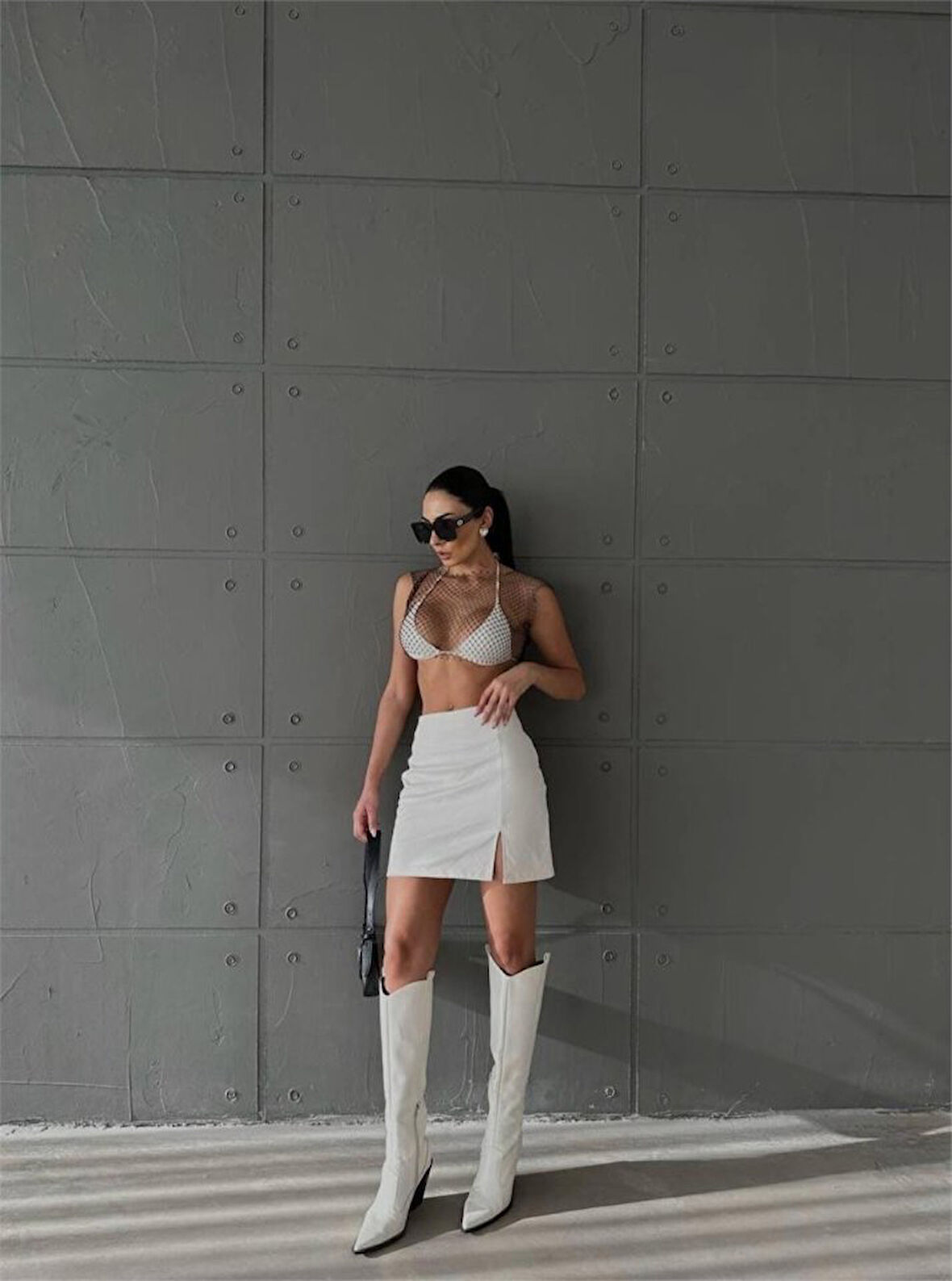 TUA MODA KAPİTONE DERİ ETEK YIRTMAÇLI - Beyaz