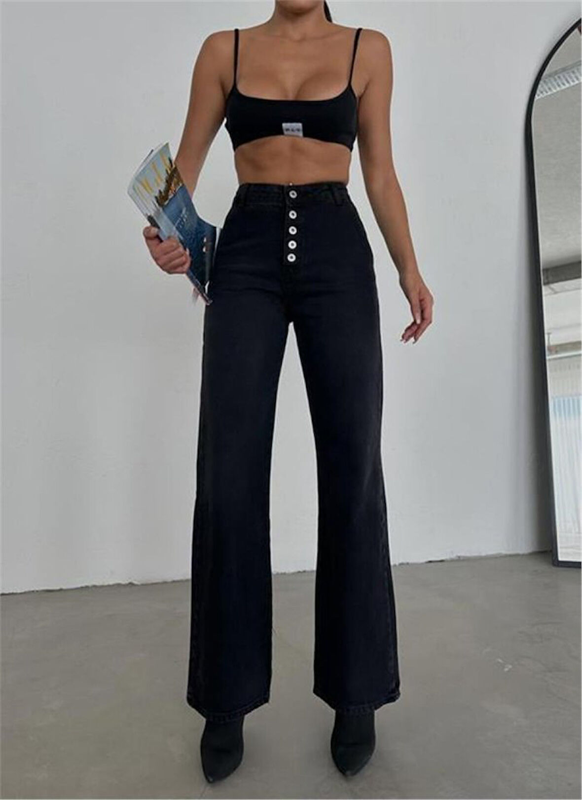 TUA MODA DÜĞMELİ KOT PANTOLON - Siyah