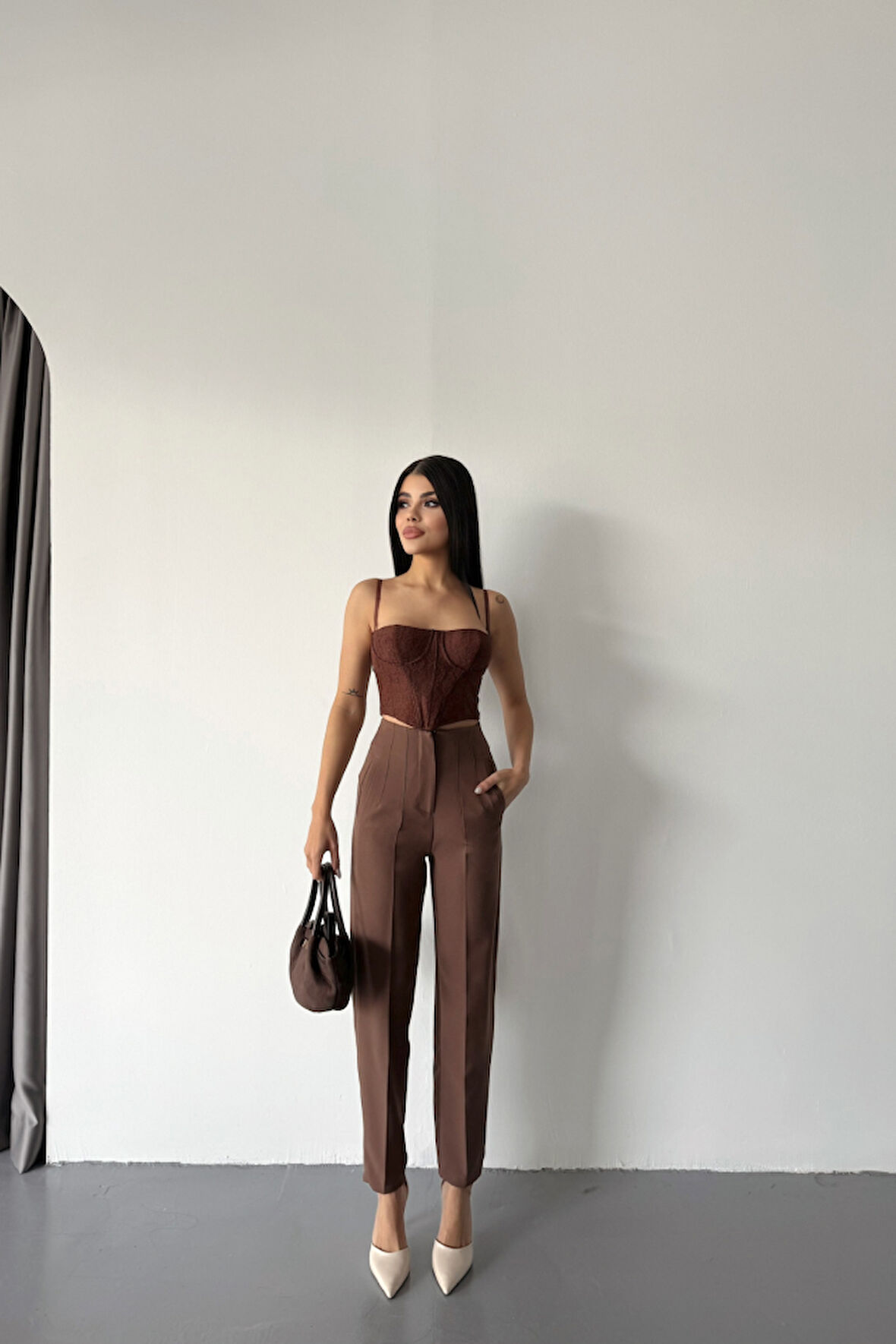 TUA MODA PANTOLON PENSLİ ATLAS KUMAŞ - Kahverengi