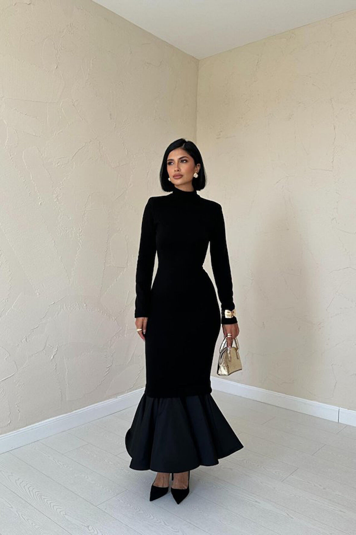 TUA MODA Siyah Eteği Garnili Triko Elbise