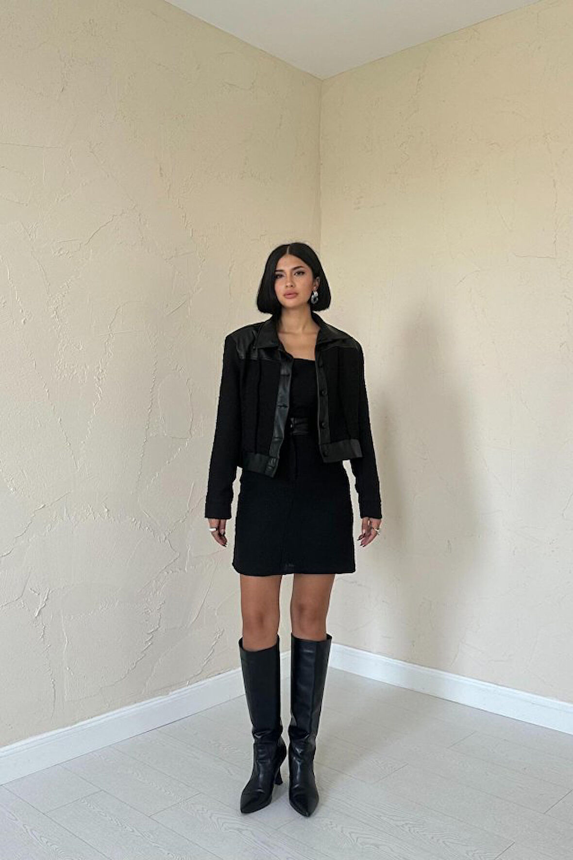 TUA MODA Siyah Üçlü Deri Garnili Ceket Ve Pantolon Takım