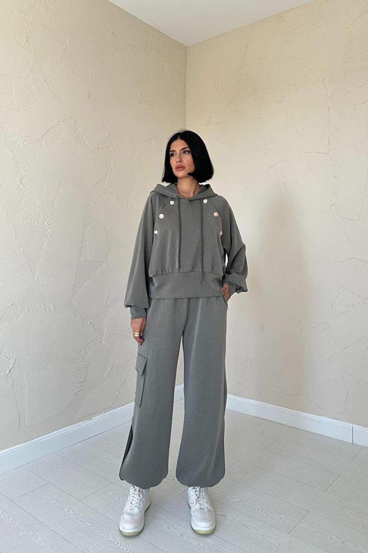 TUA MODA Haki Kapüşonlu Sweatshirt Ve Kargo Pantolon Takım