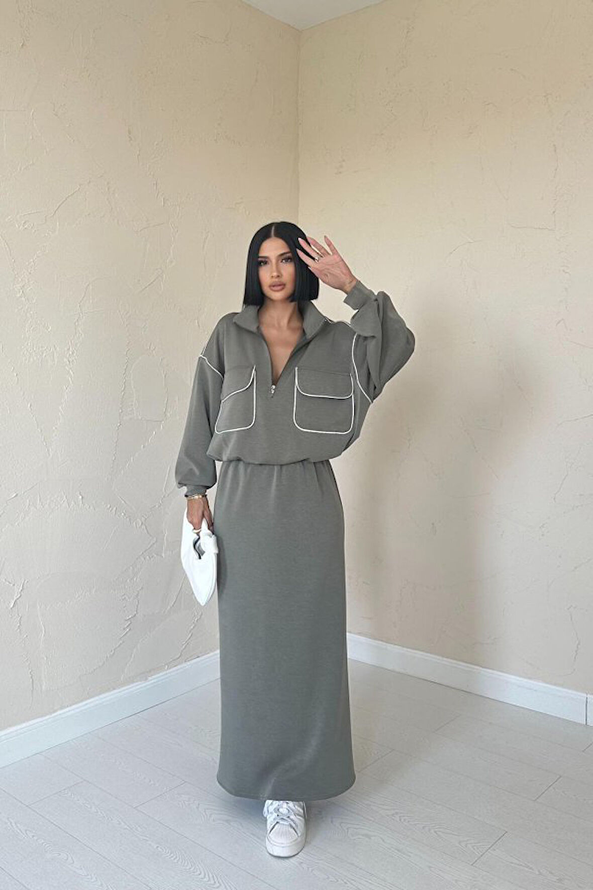 TUA MODA Haki Biyeli Sweatshirt Ve Etek Takım