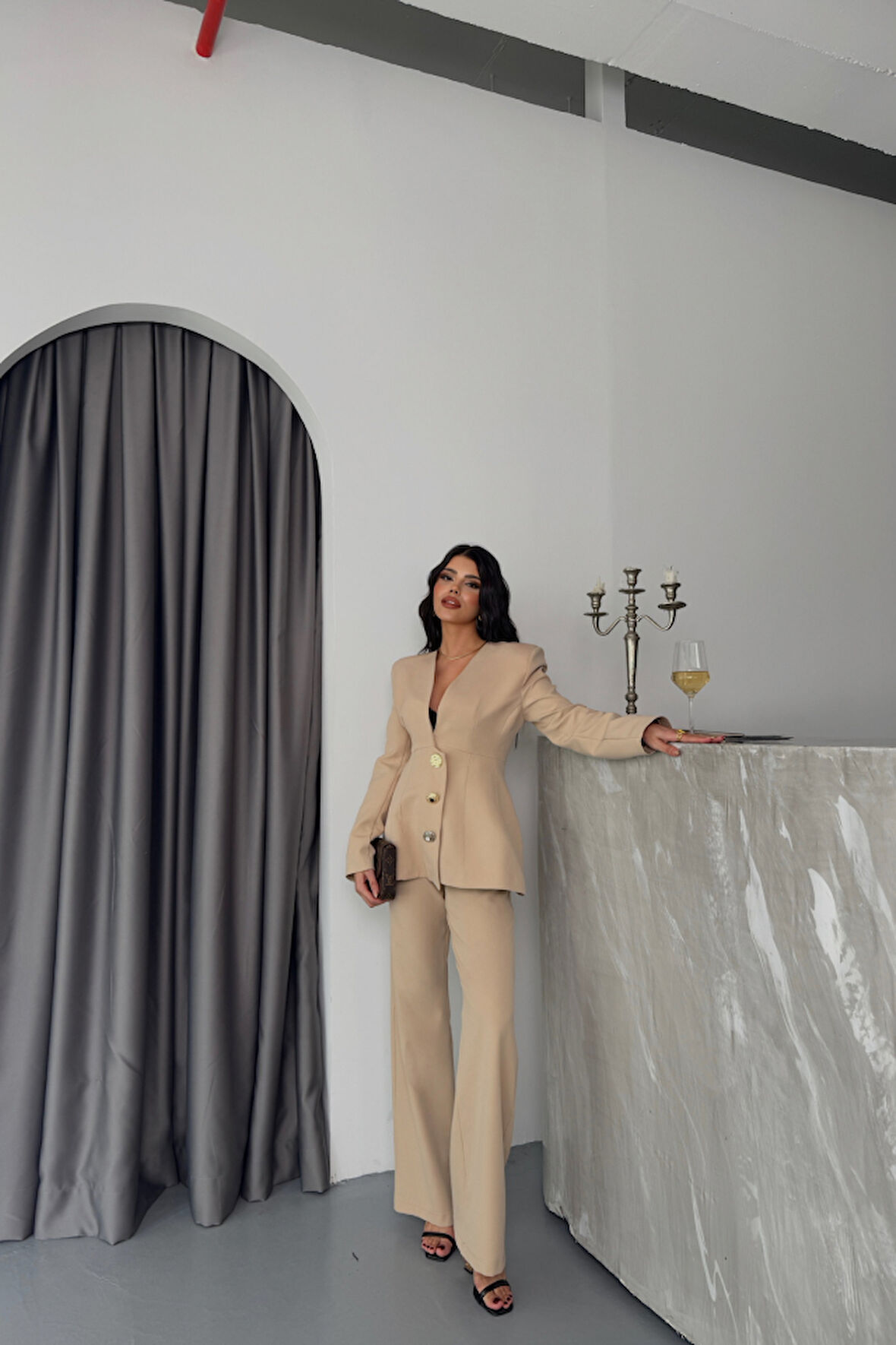 TUA MODA TASARIM CEKET-PANTOLON TAKIM METAL DÜĞME DETAYLI - Bej