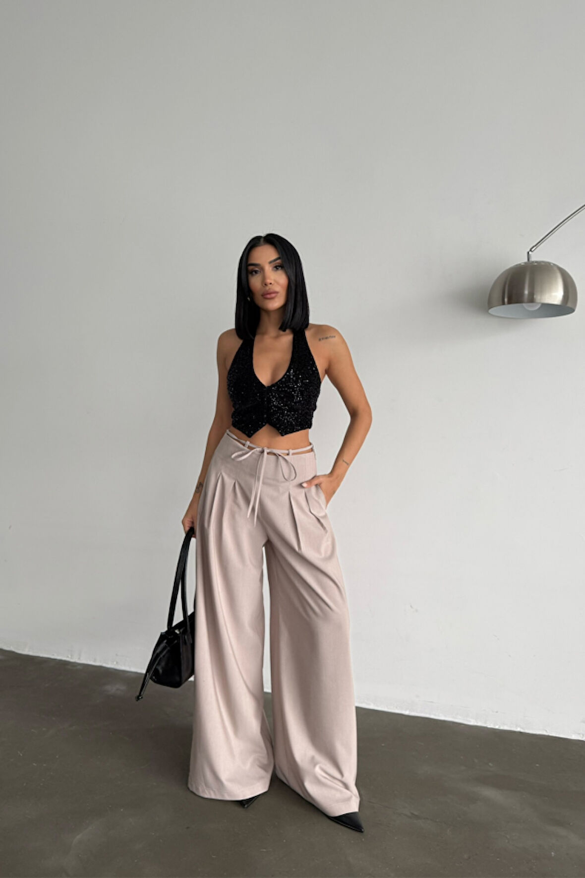 TUA MODA TASARIM SALAŞ  PANTOLON BEL İP DETAYLI - Bej
