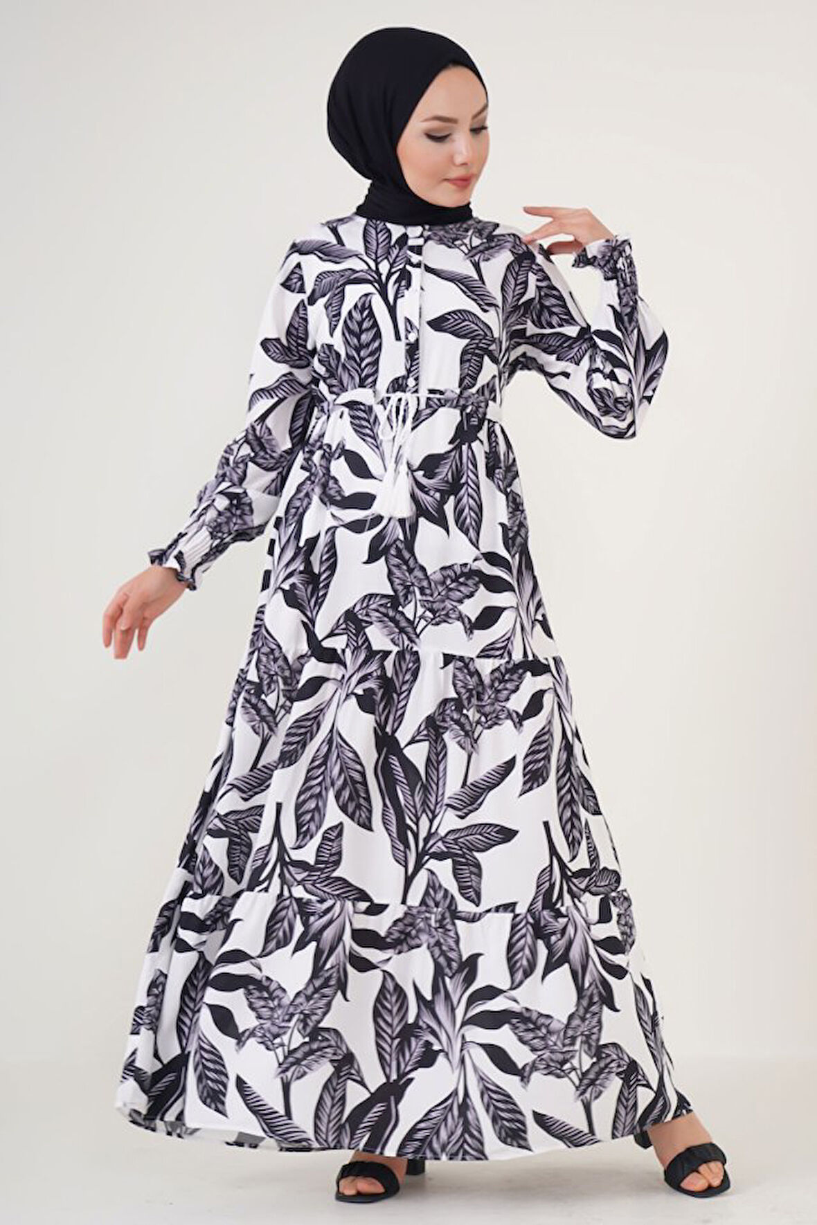 TUA MODA 2145 Desenli Tesettür Elbise - Beyaz