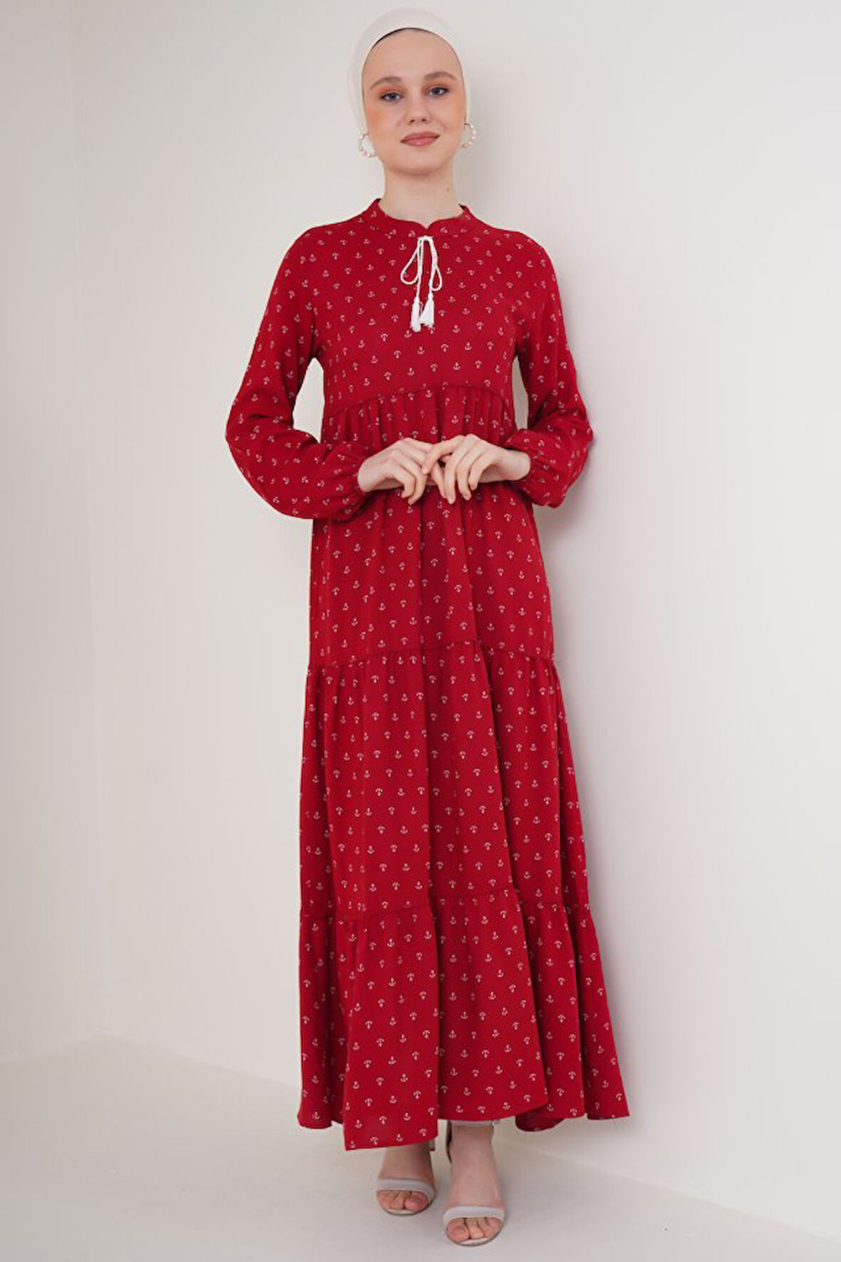 TUA MODA 1627 Yaka Bağcıklı Tesettür Elbise - Bordo