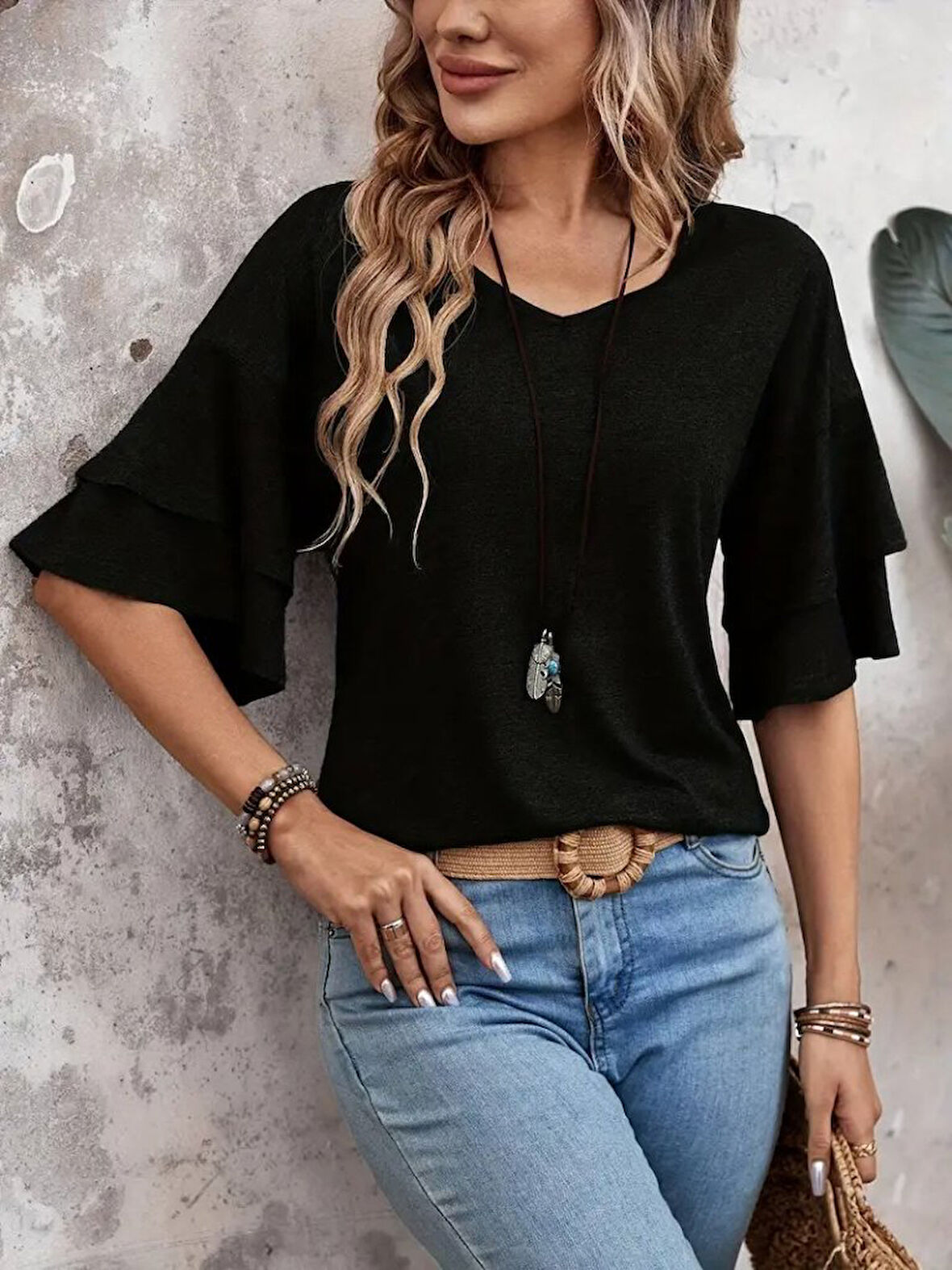 TUA MODA Kadın Kısa Kollu V Yakalı Viskon Bluz