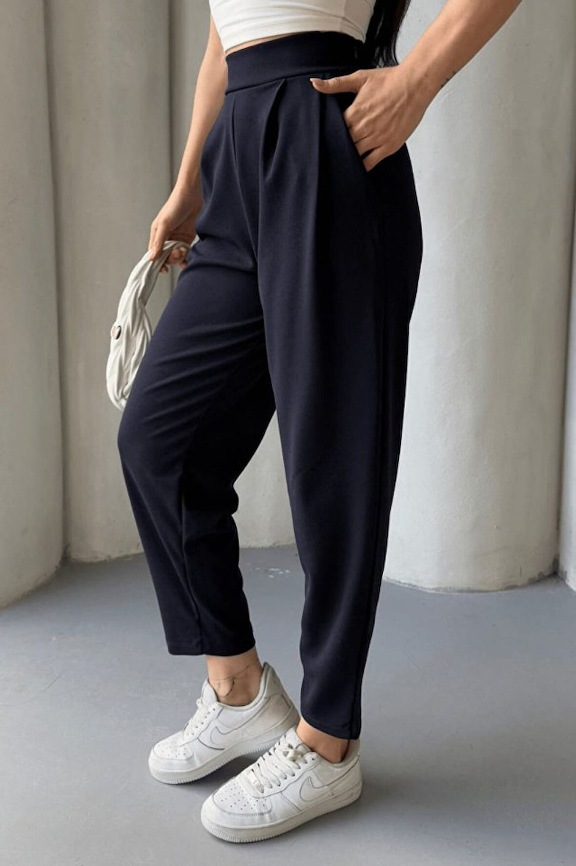 TUA MODA Kadın Scuba Krep Likralı Yan Fermuarlı Lastikli Harem Pantolon