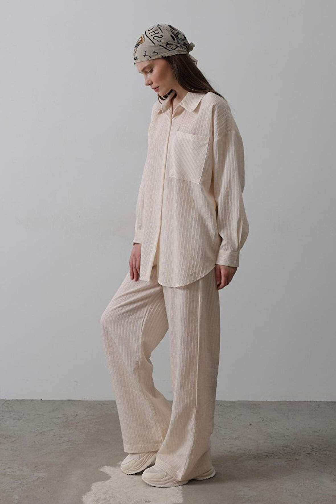 TUA MODA Çizgili Cep Detaylı Oversize Takım - Bej