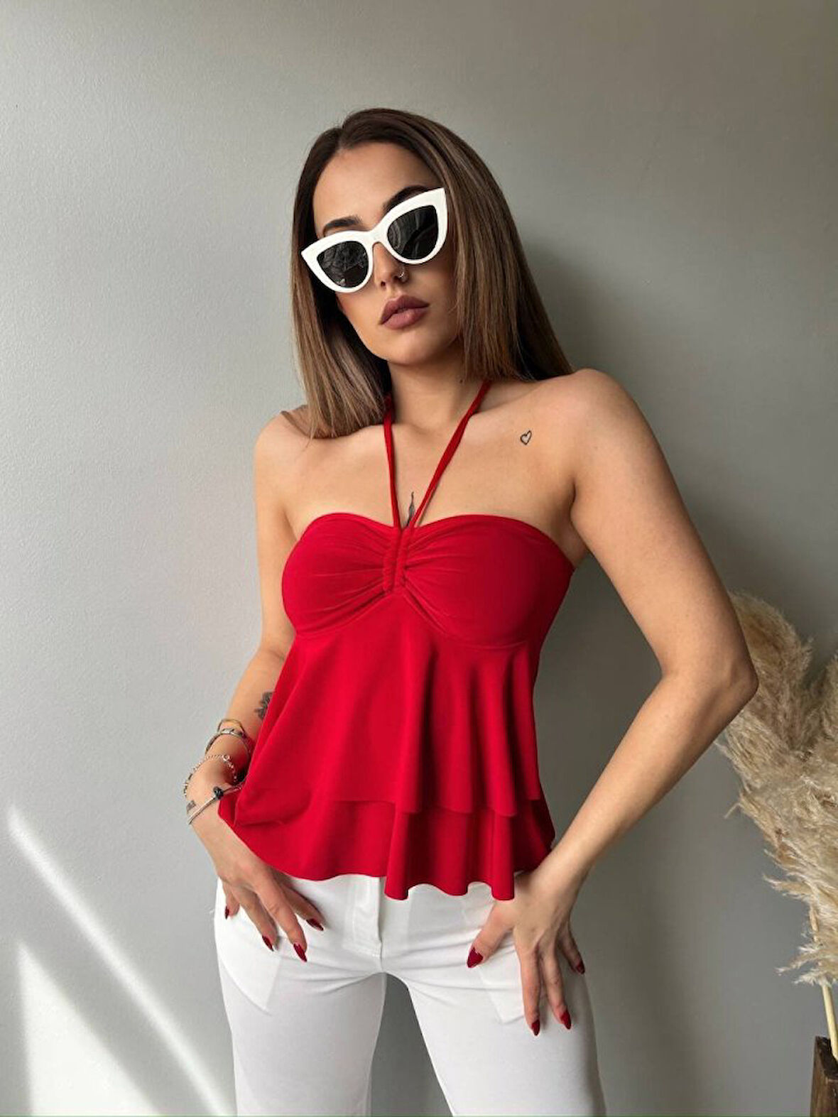 TUA MODA Kadın Halter Bağcık Detay Gloplu Bluz