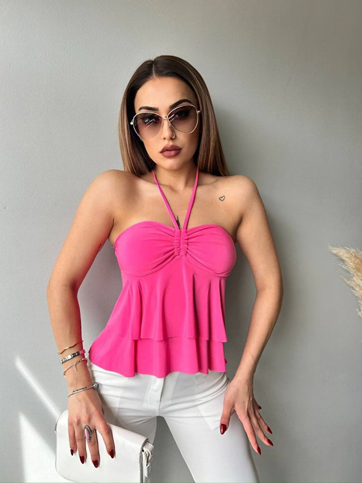TUA MODA Kadın Halter Bağcık Detay Gloplu Bluz