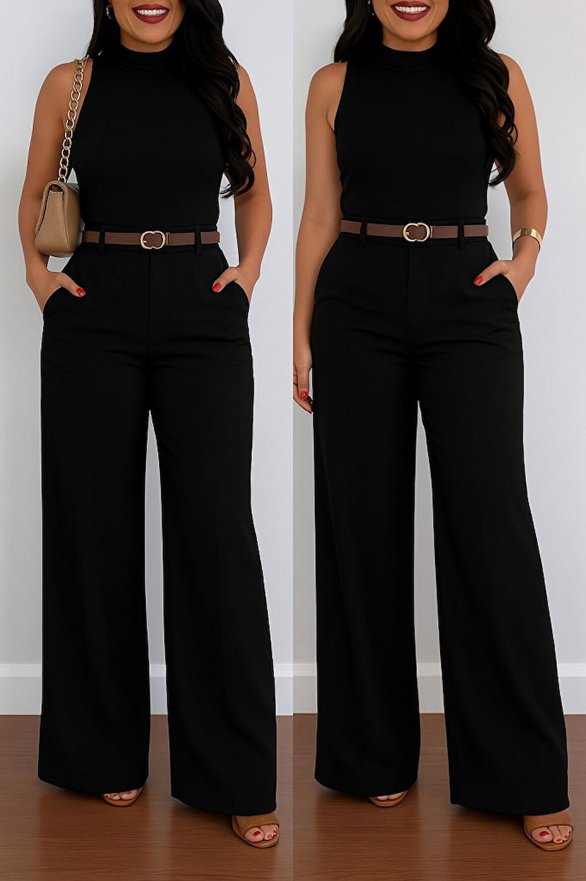 TUA MODA Kadın Yüksek Bel Geniş Paça Detaylı Cepli Ithal Krep Pantolon