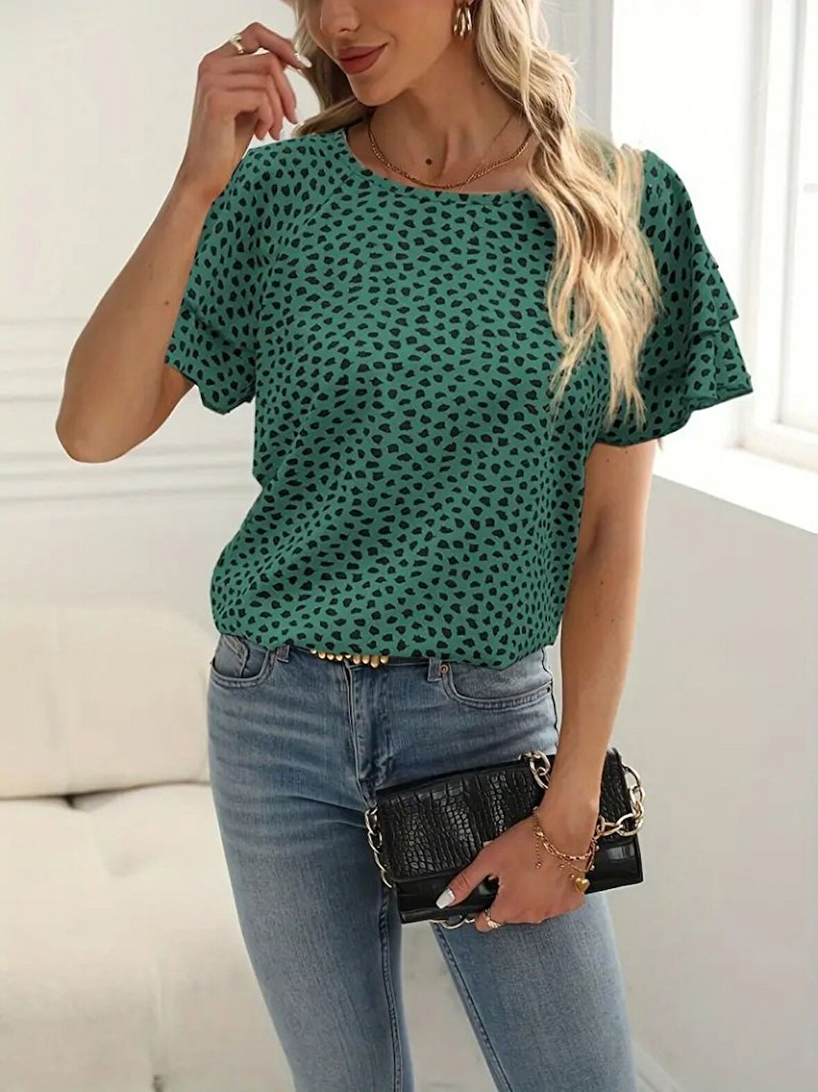 TUA MODA Kadın Kısa Kollu Kolları Volanlı Baskılı Süprem Bluz