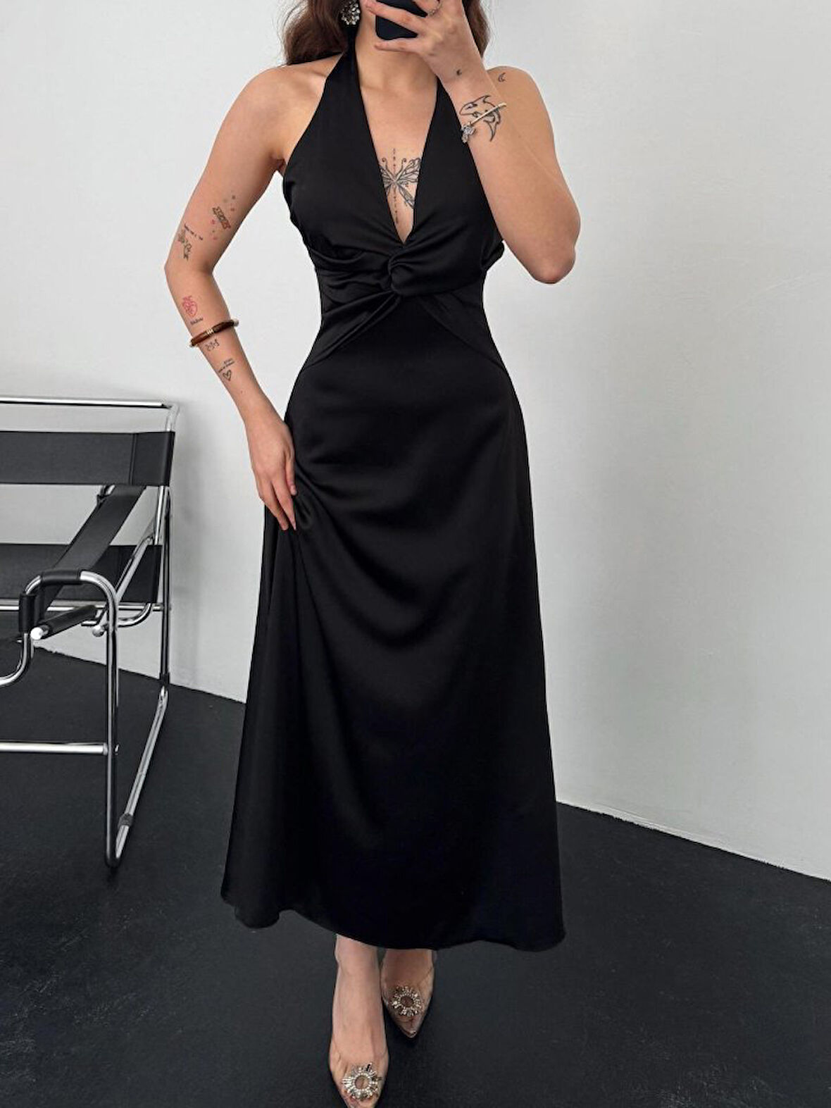 TUA MODA Siyah Uzun Saten Elbise