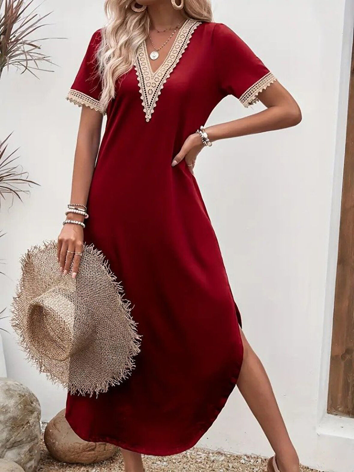 TUA MODA Kadın Kısa Kollu Dantel V Yakalı Uzun Viskon Elbise