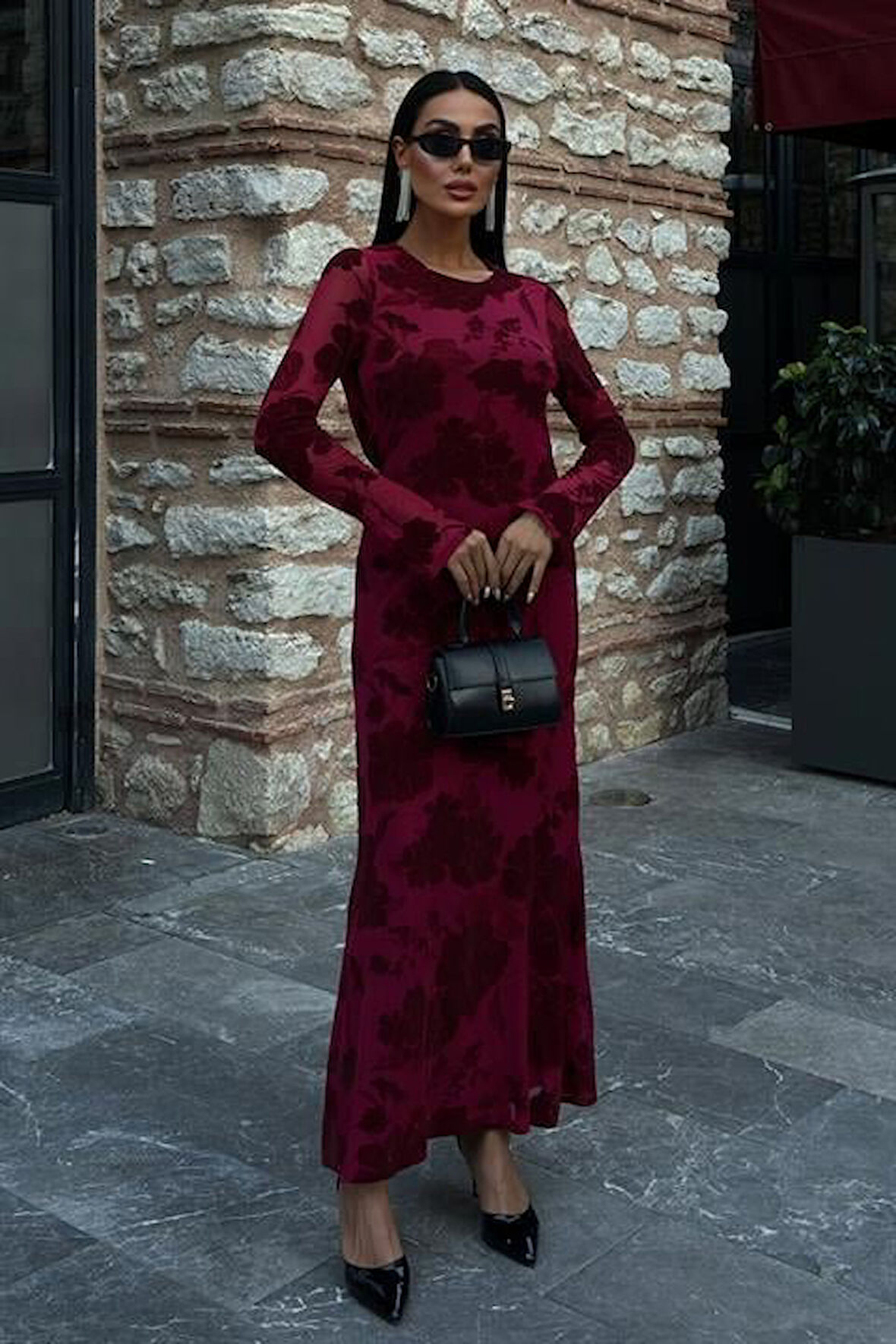 TUA MODA Kadife Baskılı Sırt Dekolteli Astarlı Elbise 2825