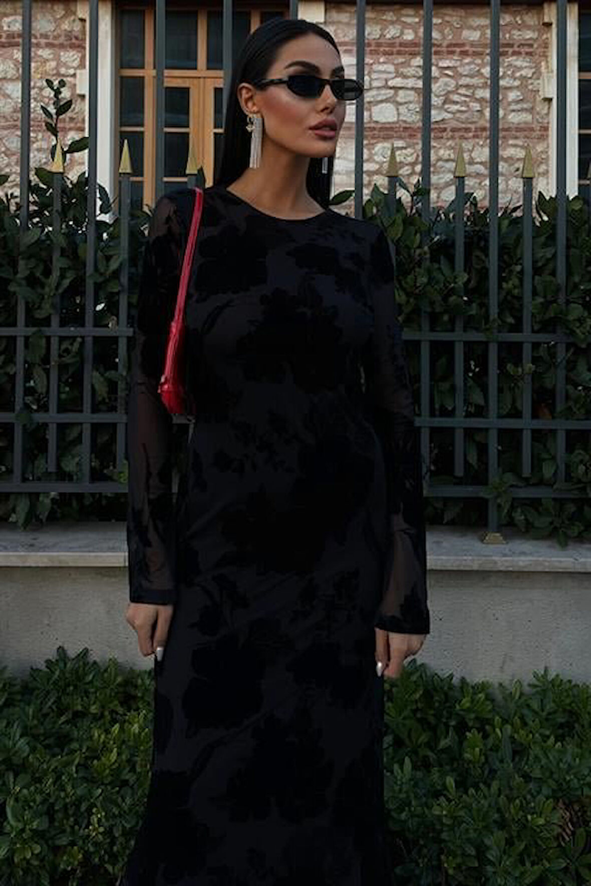 TUA MODA Kadife Baskılı Sırt Dekolteli Astarlı Elbise 2825