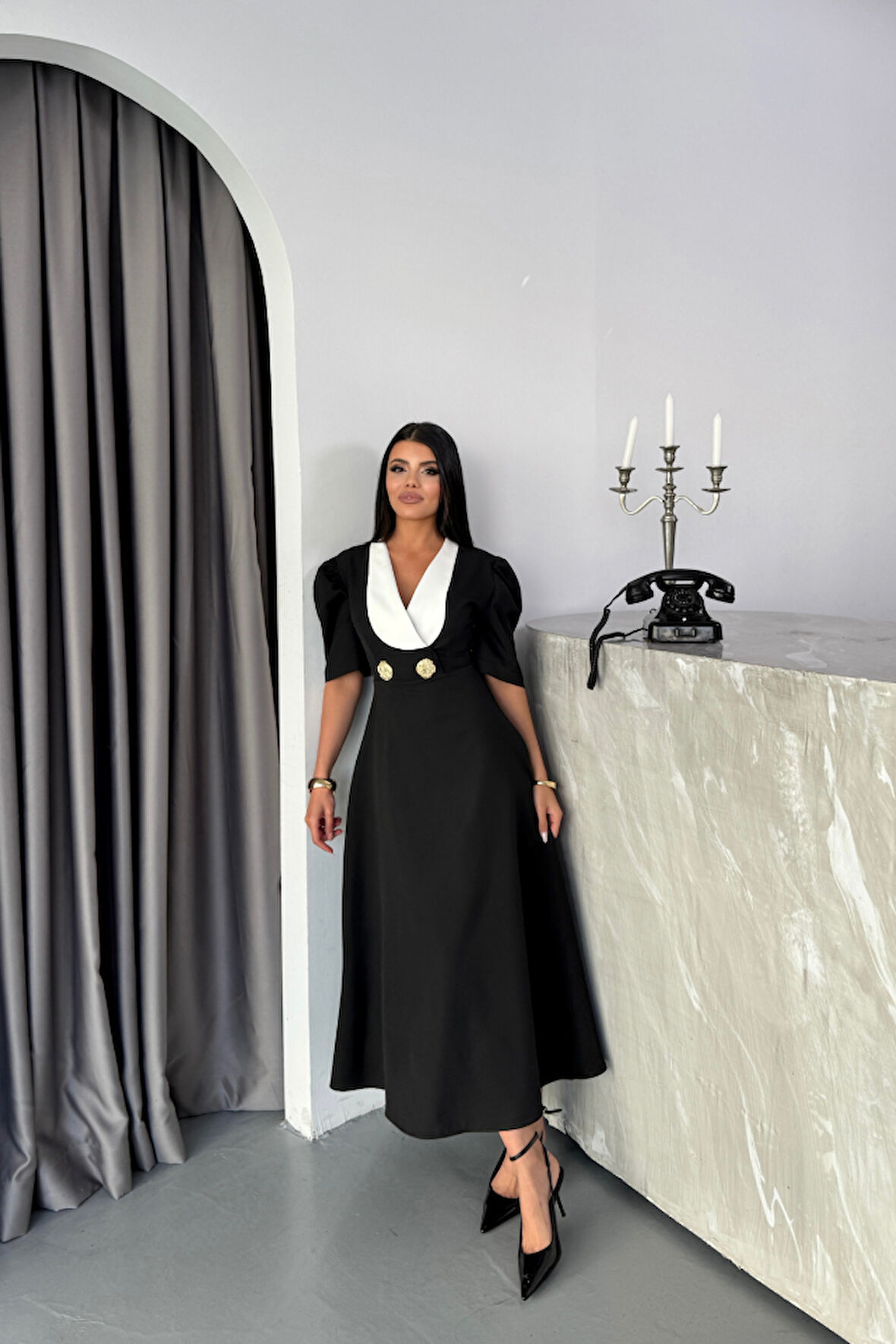 TUA MODA TASARIM ELBİSE CEKET YAKA GOLD DÜĞME DETAYLI KISA KOL - Siyah