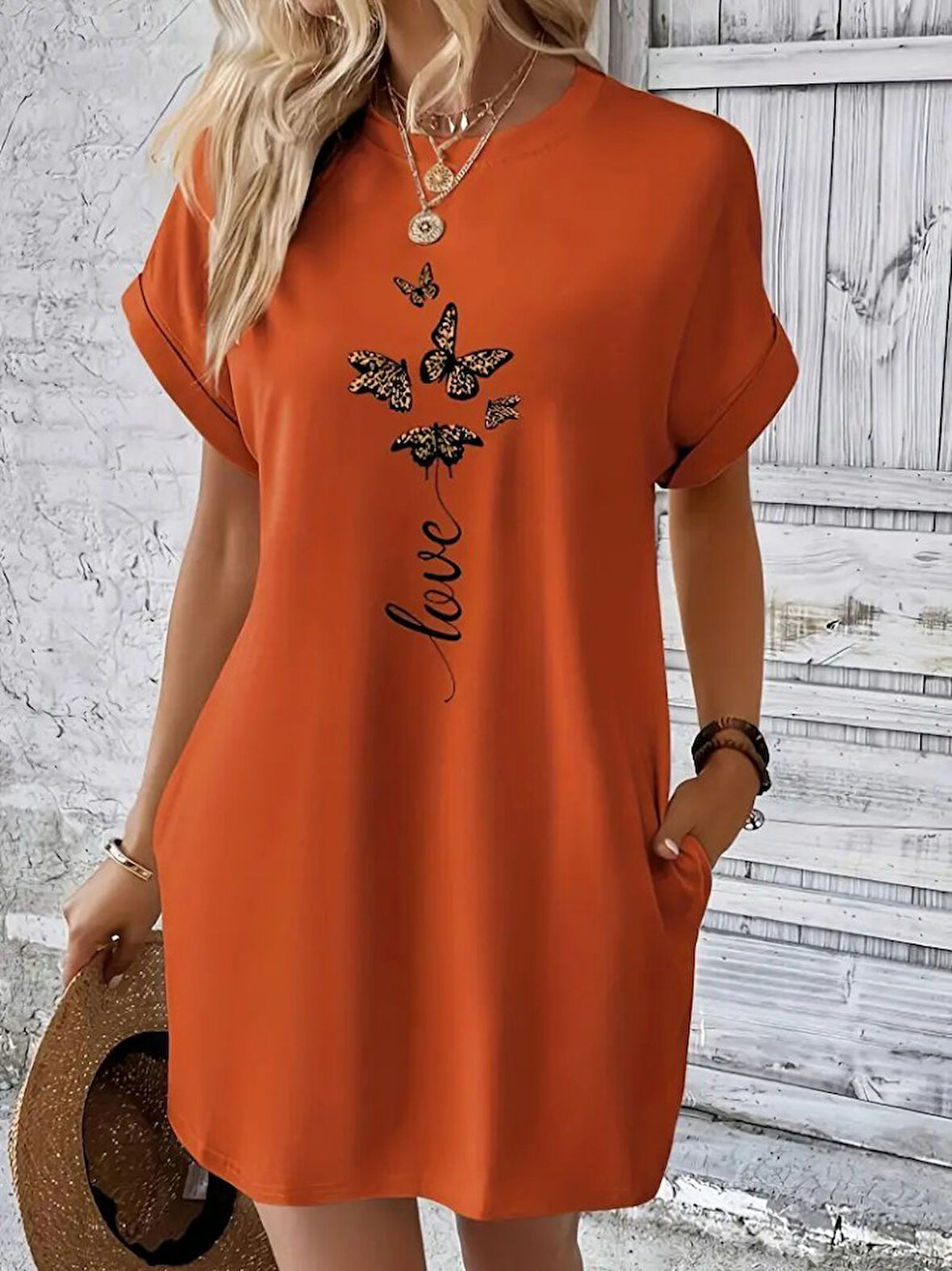 TUA MODA Kadın Kısa Kollu Bisiklet Yaka Cepli Kelebek Baskılı Viskon Elbise