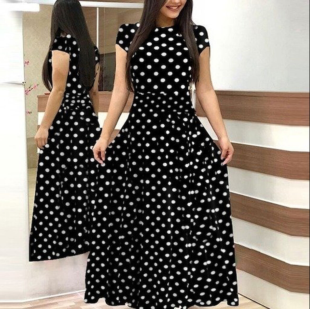 TUA MODA Kadın Kısa Kollu Bisiklet Yaka Puantiyeli Maksi örme Krep Elbise