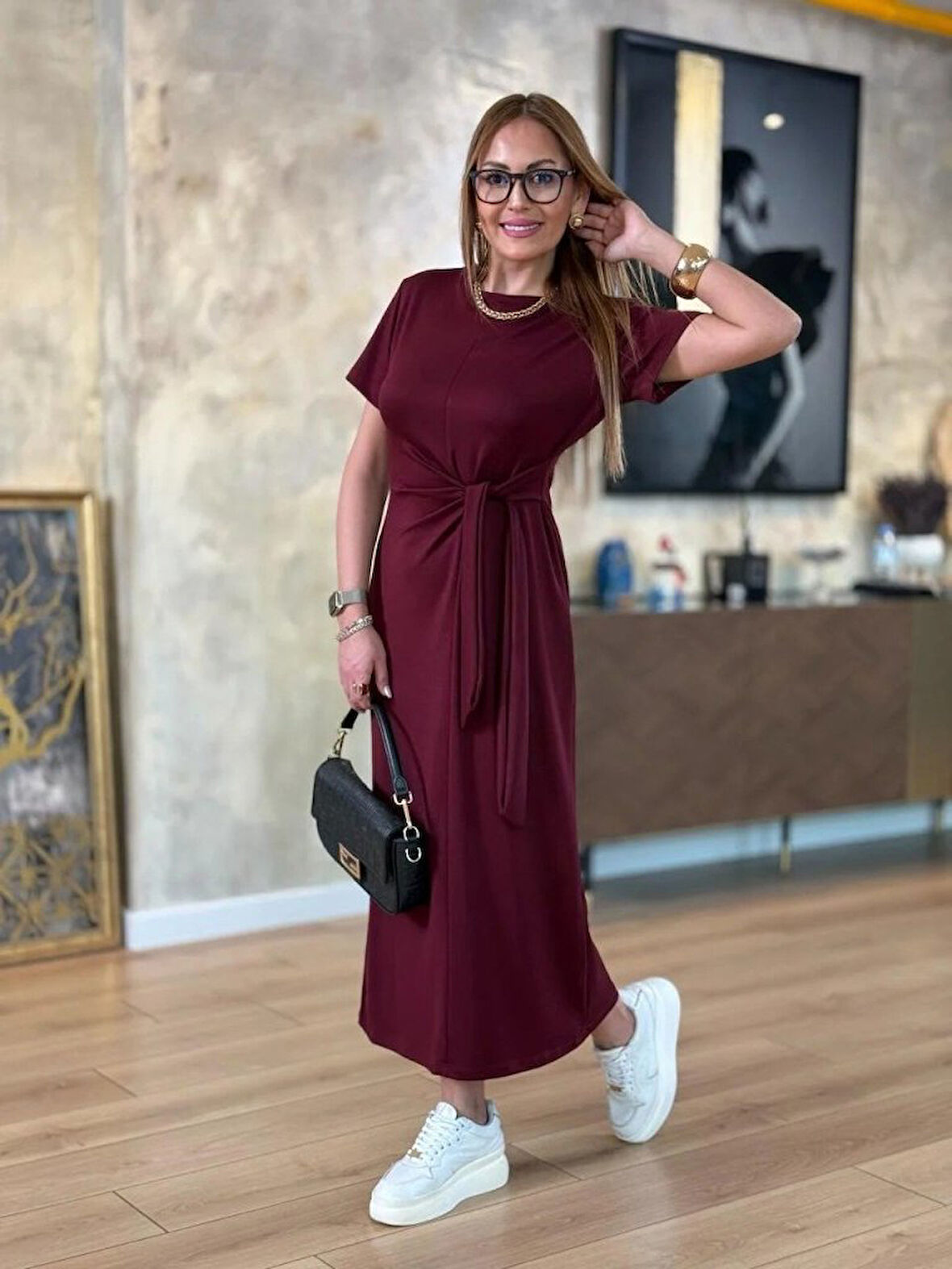 TUA MODA Kadın Kısa Kollu Bisiklet Yaka Yandan Bağlamalı Viskon Iki Iplik Elbise