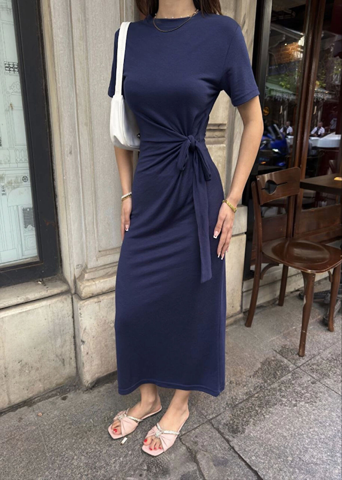 TUA MODA Osy Modal Yumuşak Dokulu Kumaş Bisiklet Yaka Kısa Kollu Kuşaklı Uzun Elbise - Mavi