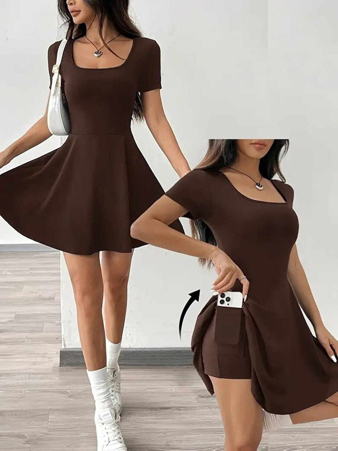 TUA MODA Kadın Kısa Kollu Kare Yaka Short Detaylı Cepli Dalgıç Elbise