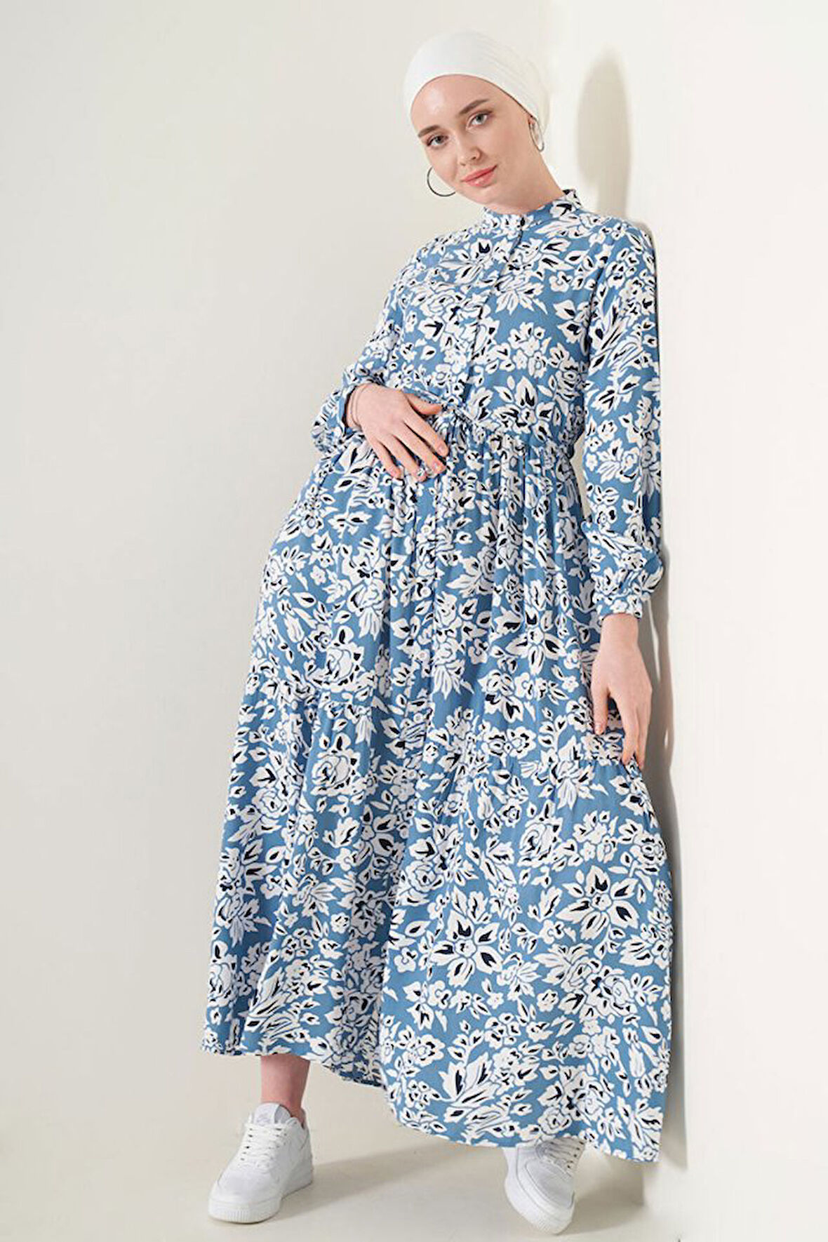 TUA MODA 2144 Hakim Yaka Tesettür Elbise - Mavi