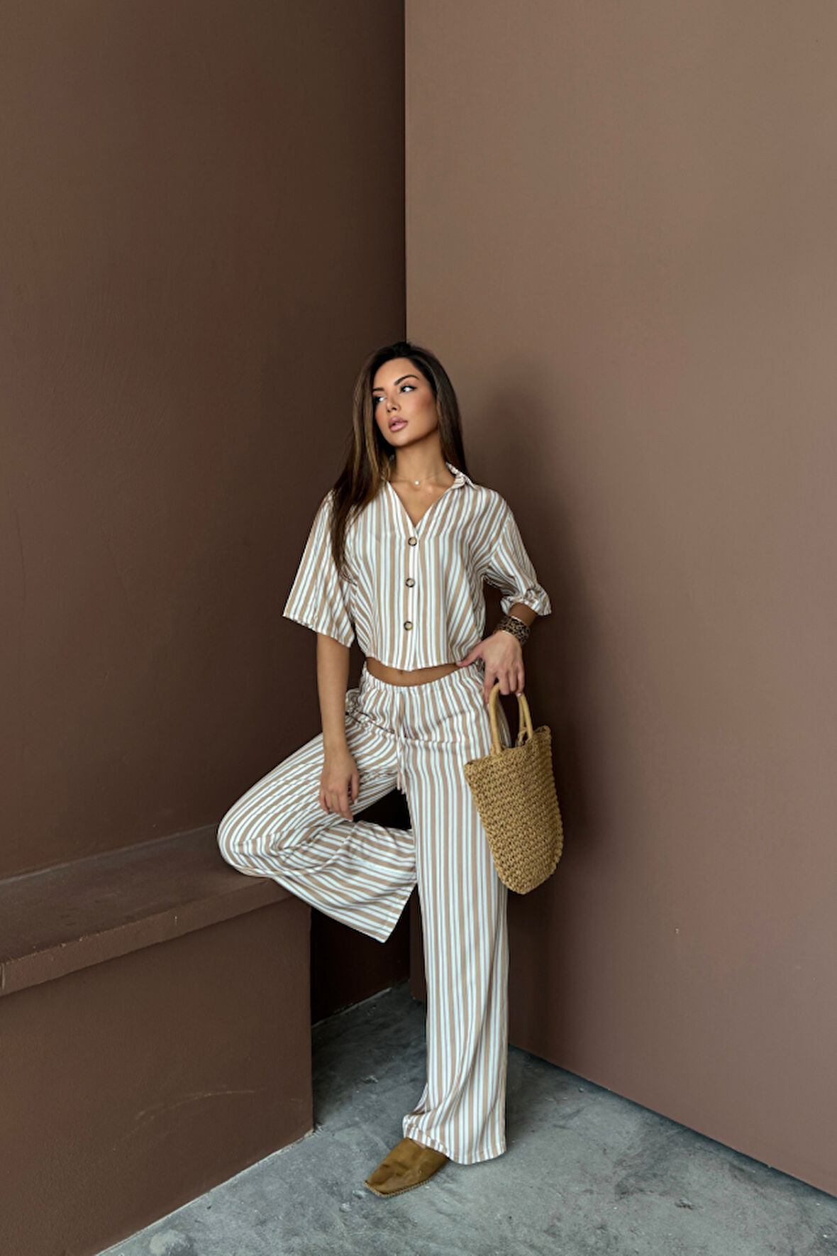 TUA MODA ÇİZGİLİ CROP GÖMLEK - SALAŞ PANTOLON TAKIM MODAL - Bej