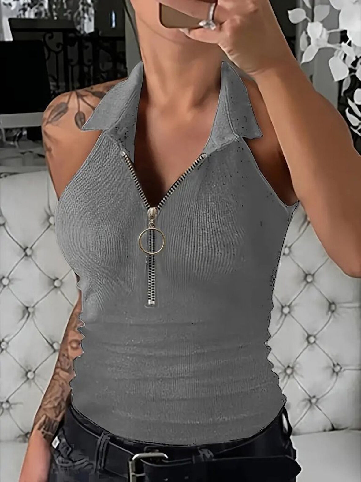TUA MODA Kadın Kolsuz Polo Yaka önü Fermuarlı Kaşkorse Bluz