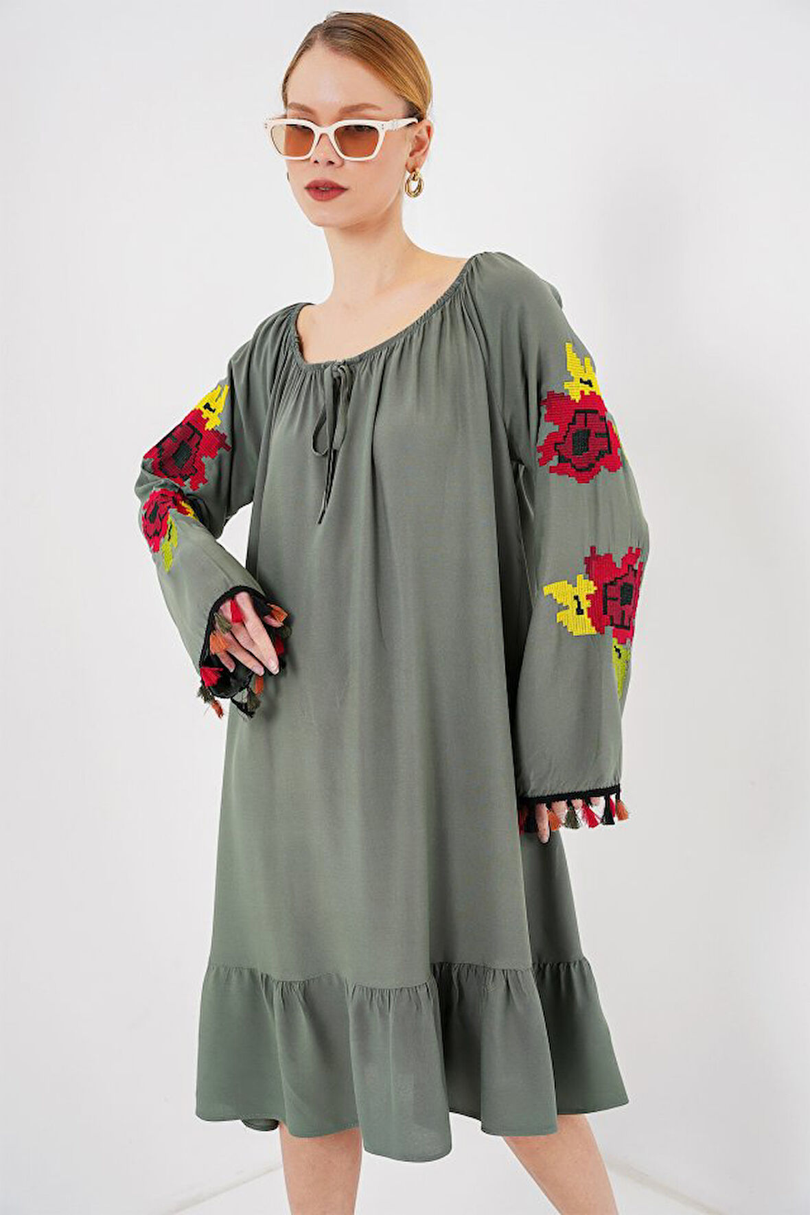 TUA MODA Nakışlı Midi Elbise 2531 - Haki