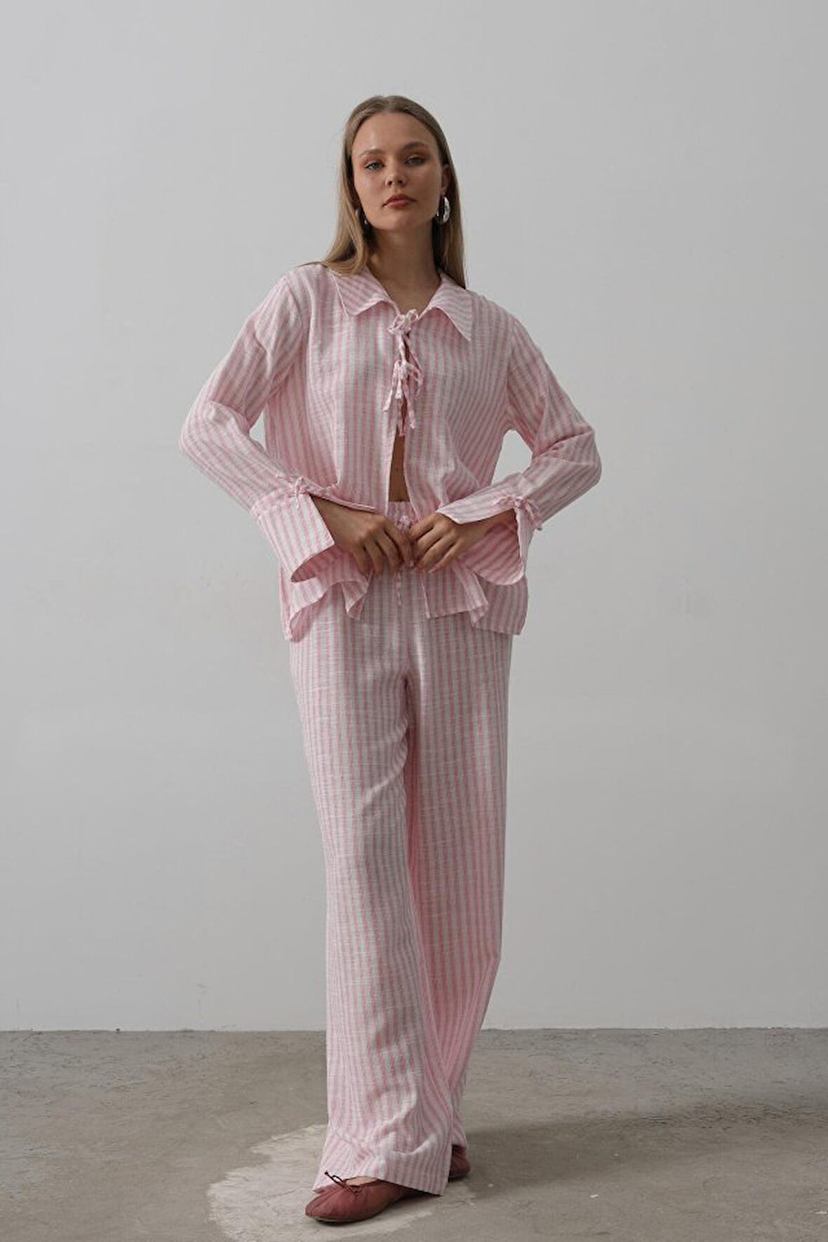 TUA MODA Çzgili Bağlamalı Pantolon Takım - Pembe