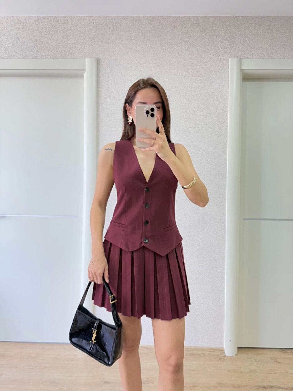 TUA MODA Takım Görünümlu Yelekli Mini Elbise- Bordo