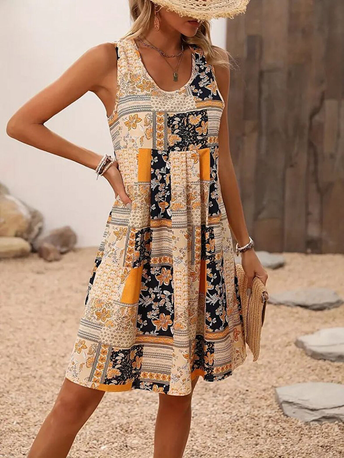 TUA MODA Kadın Sıfır Kol Yuvarlak Yaka çiçek Desenli Süprem Elbise
