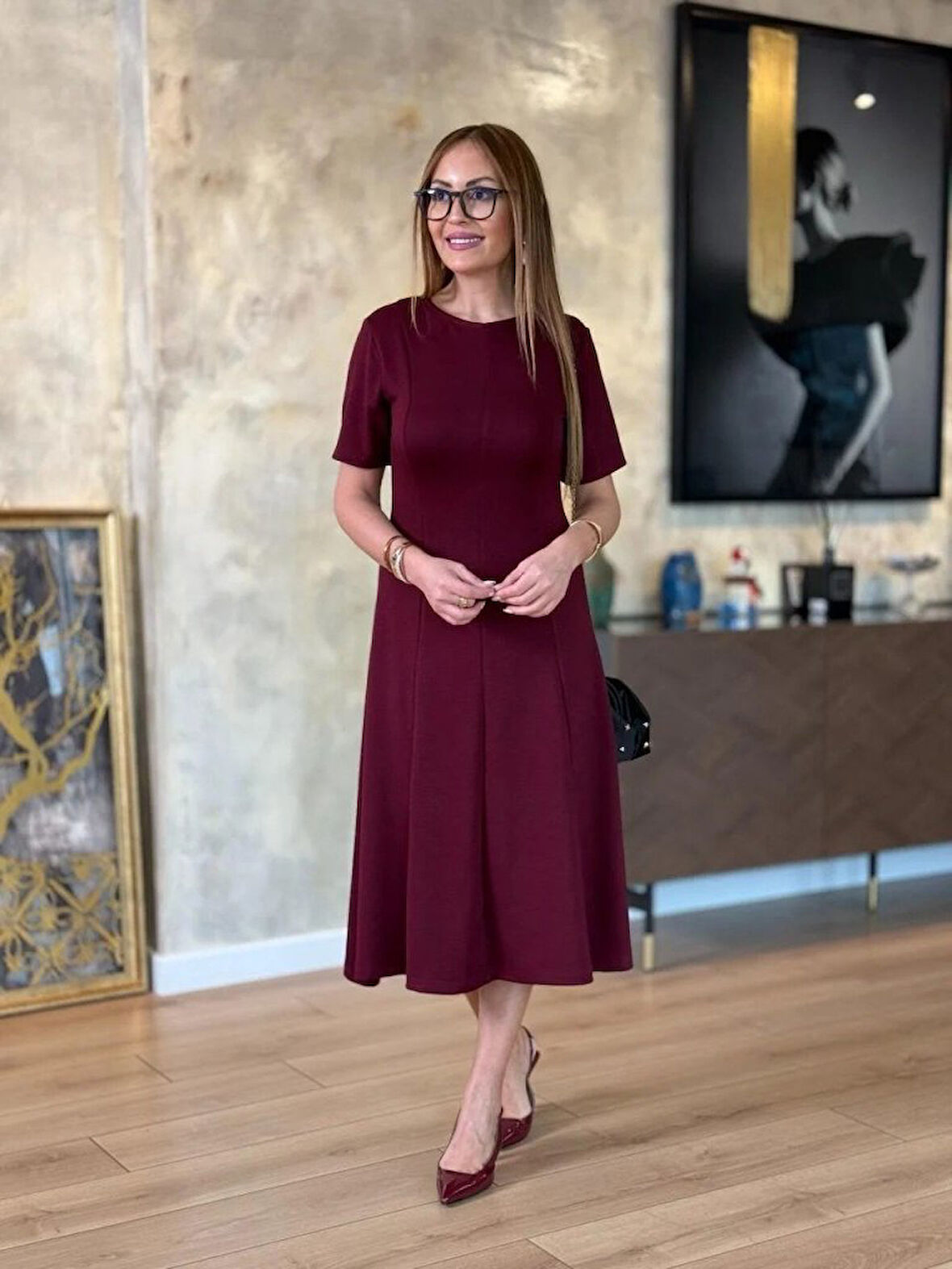 TUA MODA Kadın Kısa Kollu Bisiklet Yaka Midi Viskon Iki Iplik Elbise