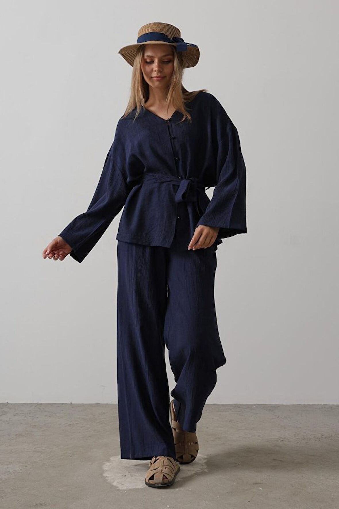 TUA MODA Beli Bağlamalı Tunik Ve Beli Bağlamalı Pantolon Takım - Lacivert