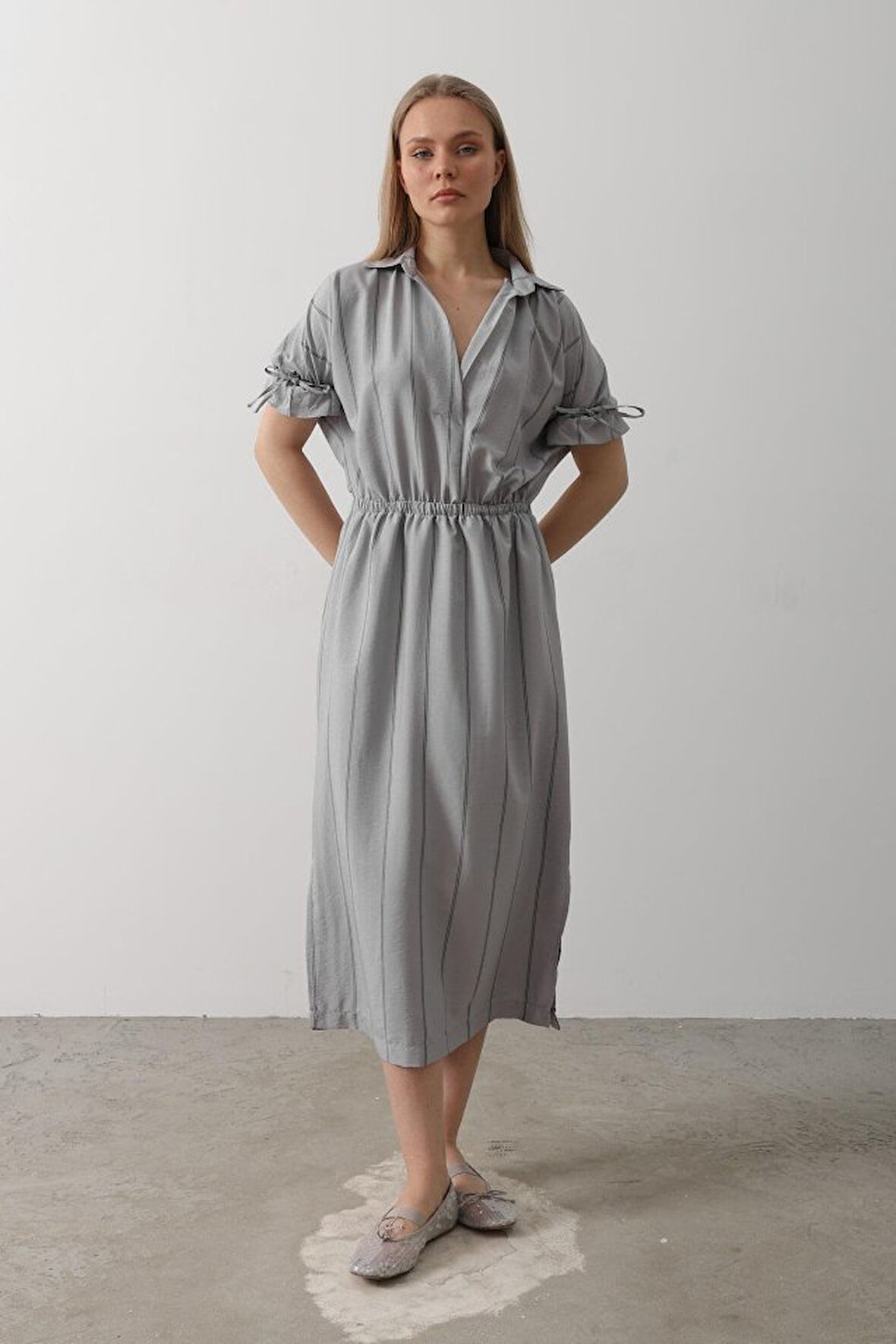 TUA MODA Beli Lastikli Elbise - Gri