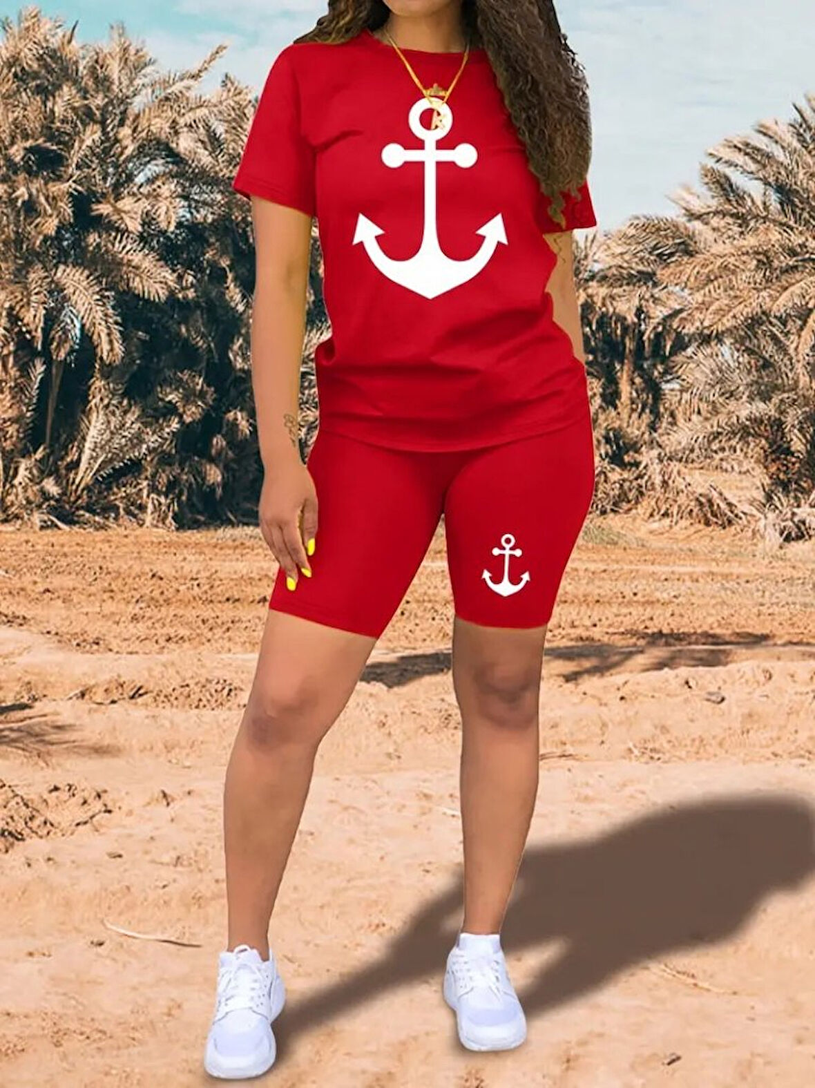 TUA MODA Kadın Kısa Kollu çapa Baskılı Viskon Ikili Takım