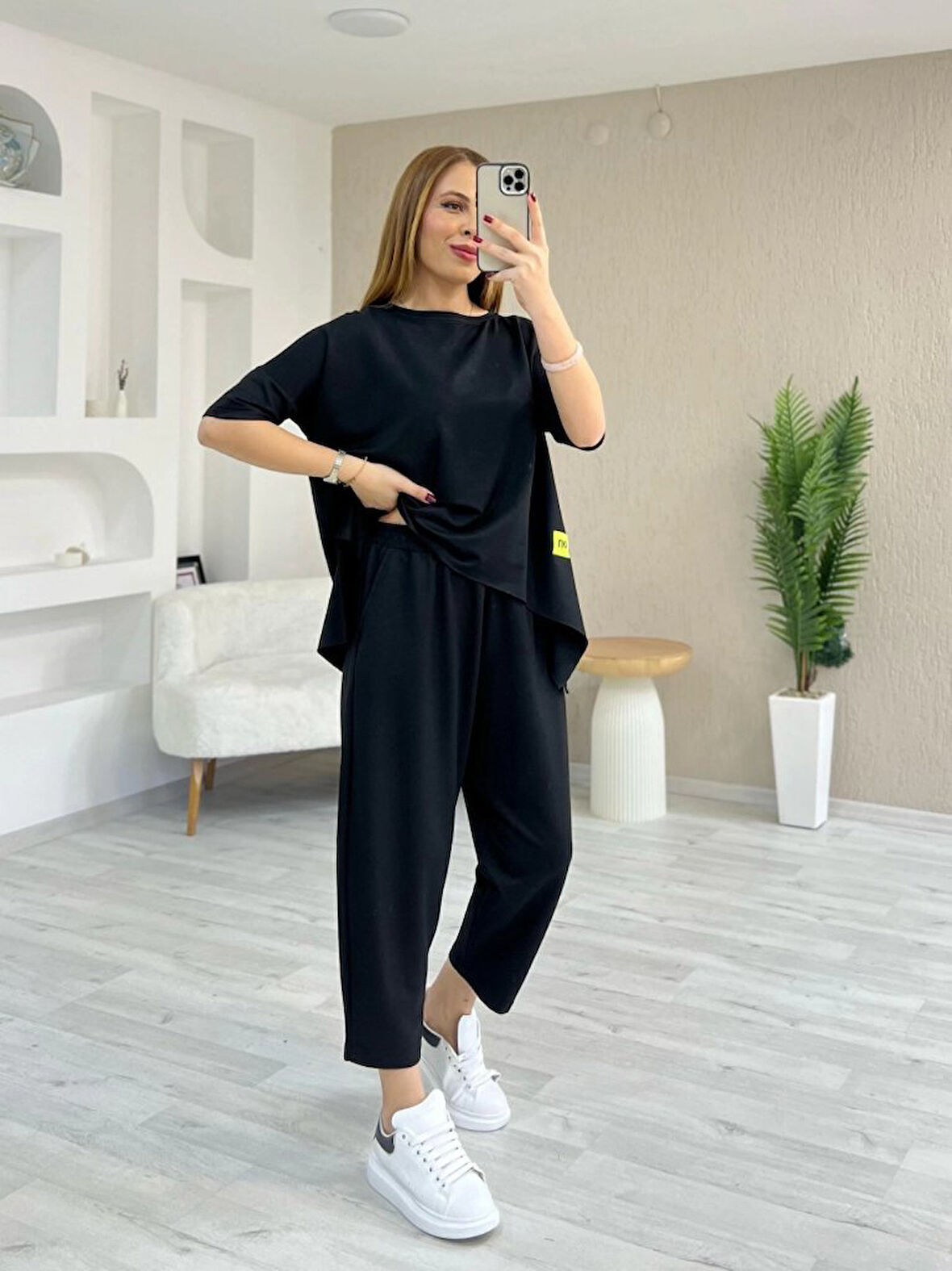 TUA MODA Kadın Kısa Kollu Bisiklet Yaka Viskon Iki Iplik Bluz Ve Pantolon Ikili Takım