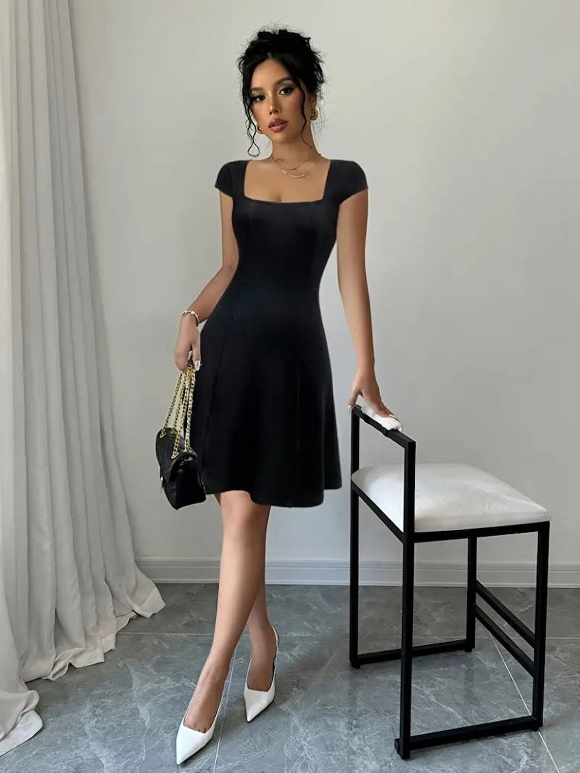 TUA MODA Kadın Kısa Kollu Geometrik Yakalı Janjan Krep Elbise