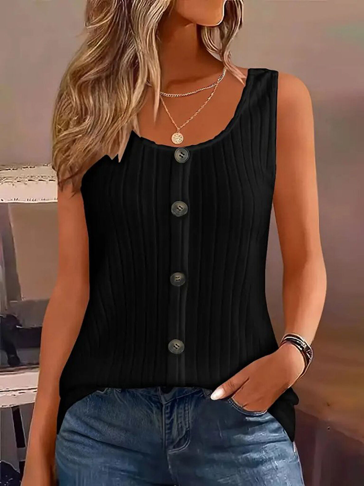 TUA MODA Kadın Askılı Yuvarlak Yaka önden Düğmeli Kalın Fitilli Kaşkorse Bluz