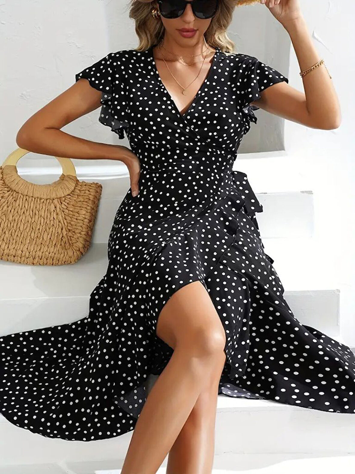 TUA MODA Kadın Kısa Kollu Kruvaze Yaka Yandan Bağlamalı Puantiyeli örme Krep Elbise
