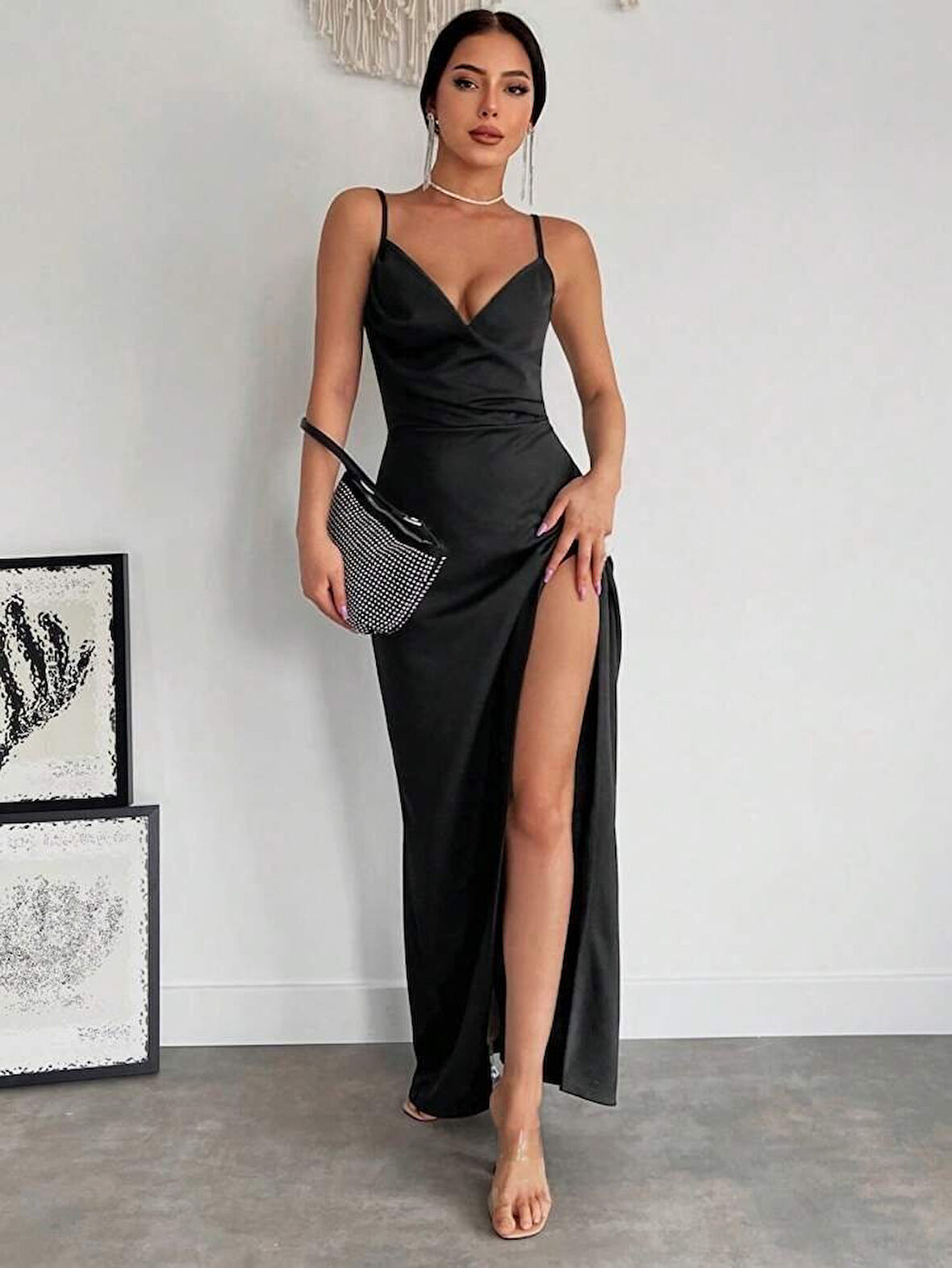 TUA MODA Kadın Askılı Kruvaze Yakalı Yırtmaçlı Krep Elbise