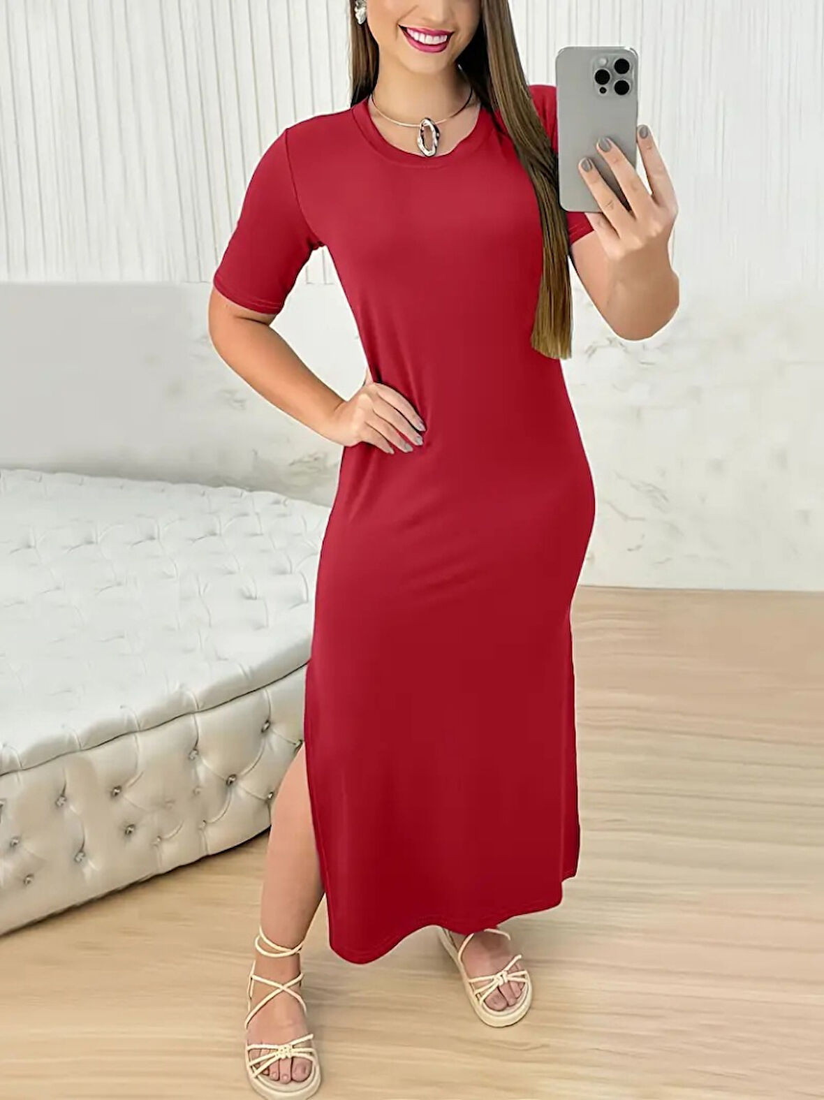 TUA MODA Kadın Kısa Kollu Bisiklet Yaka Yandan Yırtmaçlı Viskon Elbise