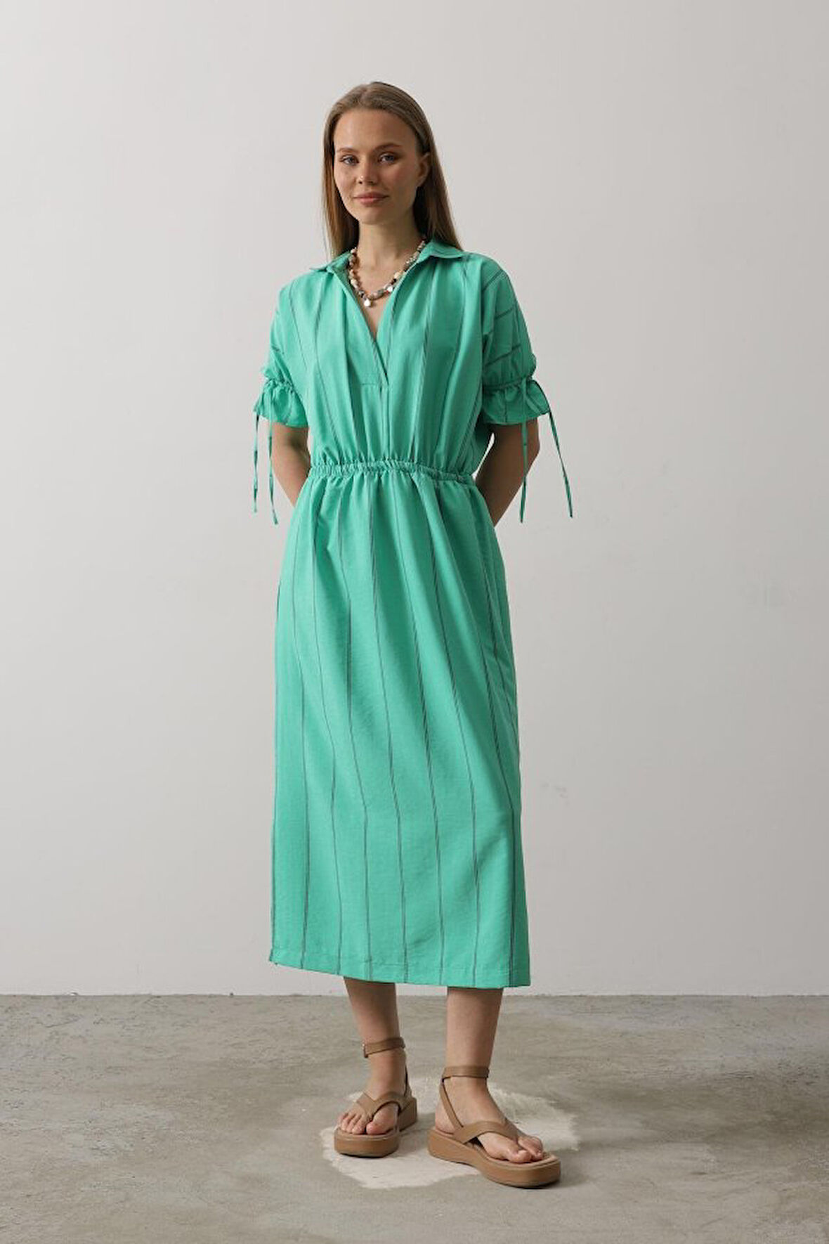 TUA MODA Beli Lastikli Elbise - Yeşil
