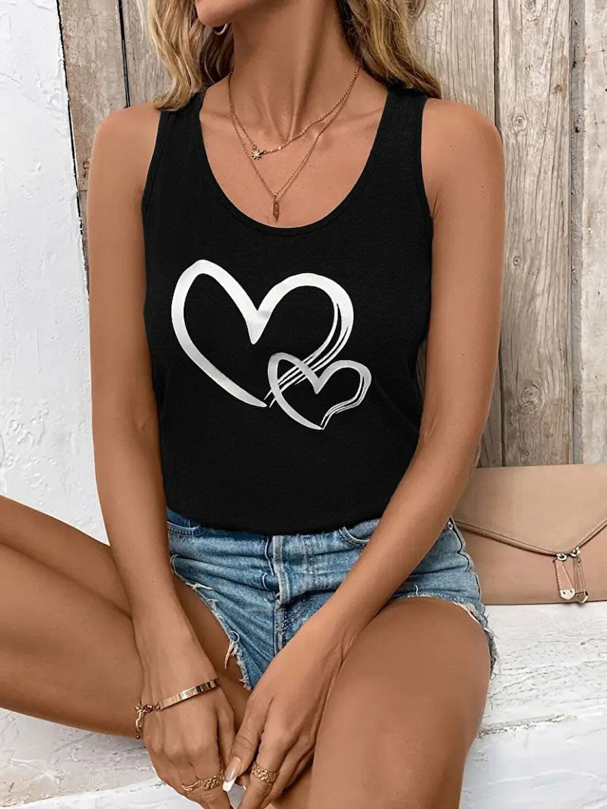 TUA MODA Kadın Askılı Yuvarlak Yaka Kalp Baskılı Viskon Bluz