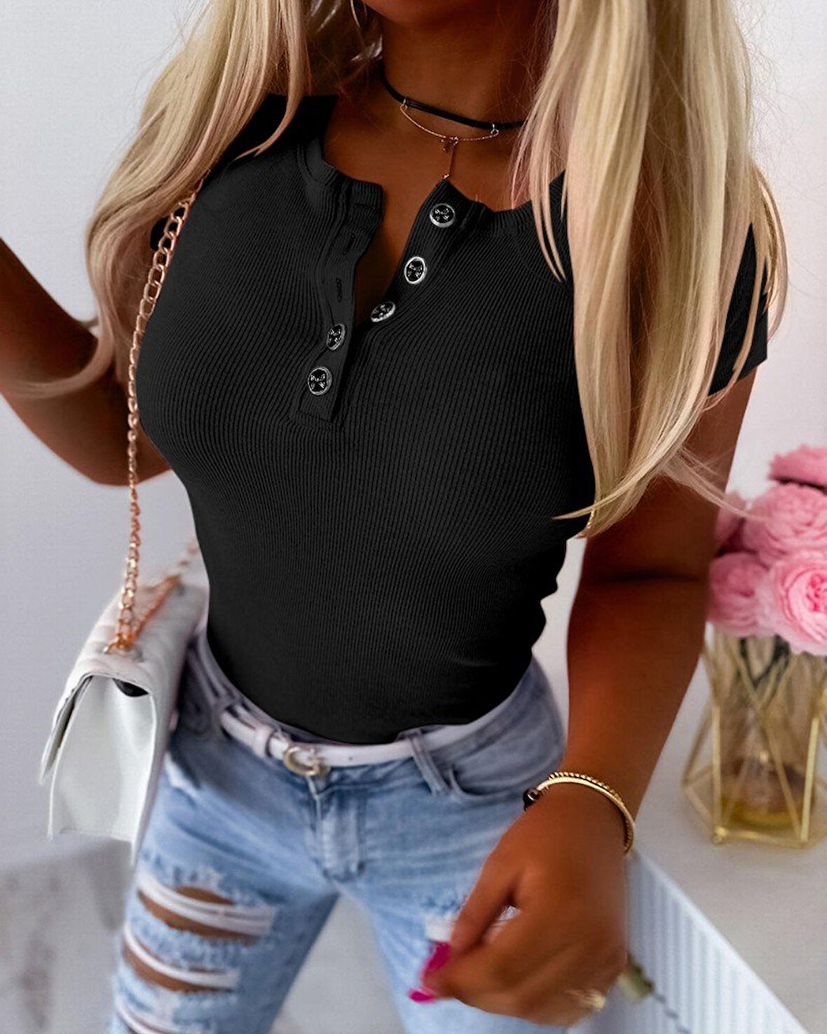 TUA MODA Kadın Kısa Kollu Yuvarlak Yakalı Düğme Detay Kaşkorse Bluz
